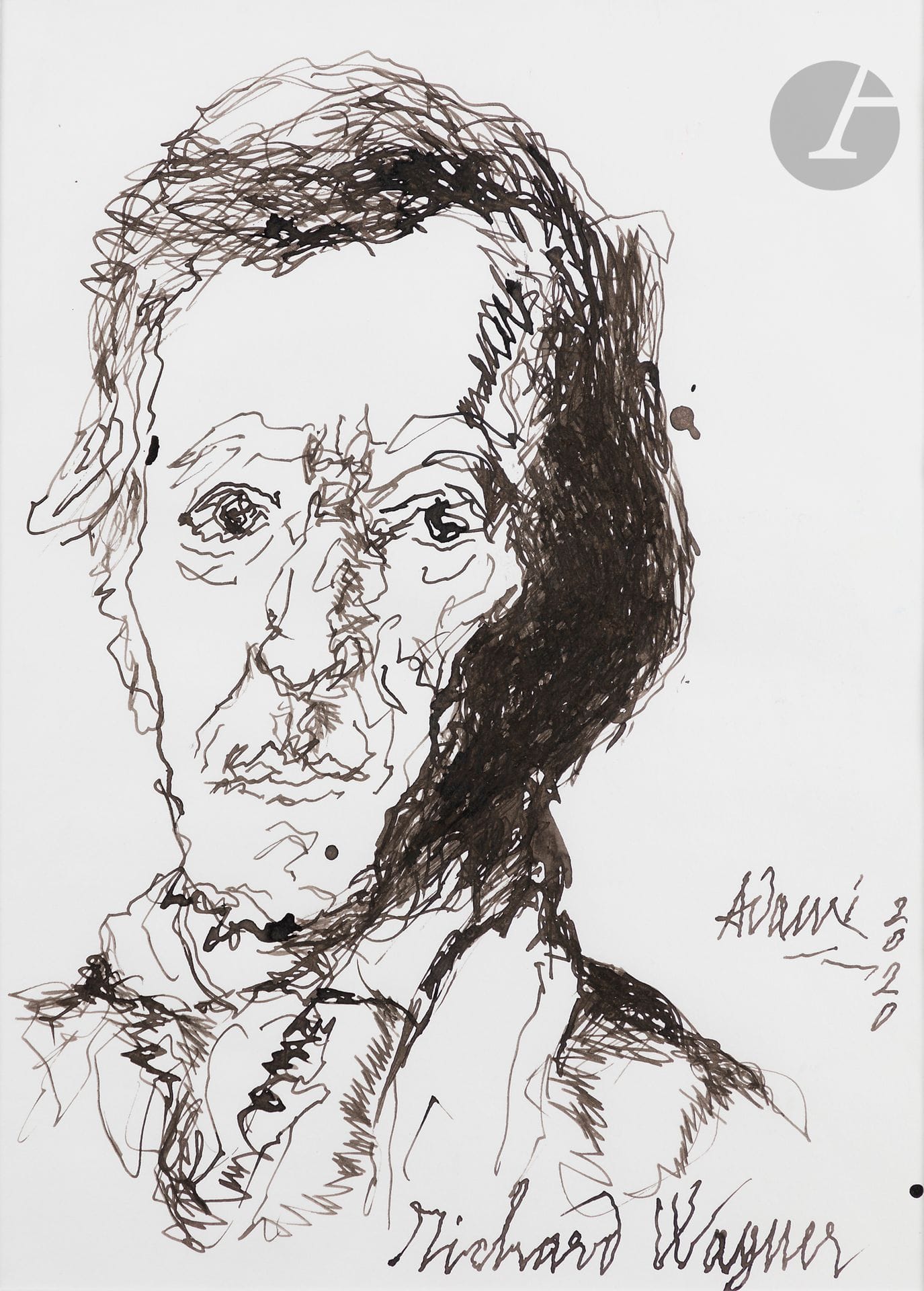 Valerio ADAMI [italien] (né en 1935)
Portrait de Richard Wagner, 2020
Encre brune et lavis brun.
Signée, datée et titrée en bas à droite.
46 x 35,5 cm