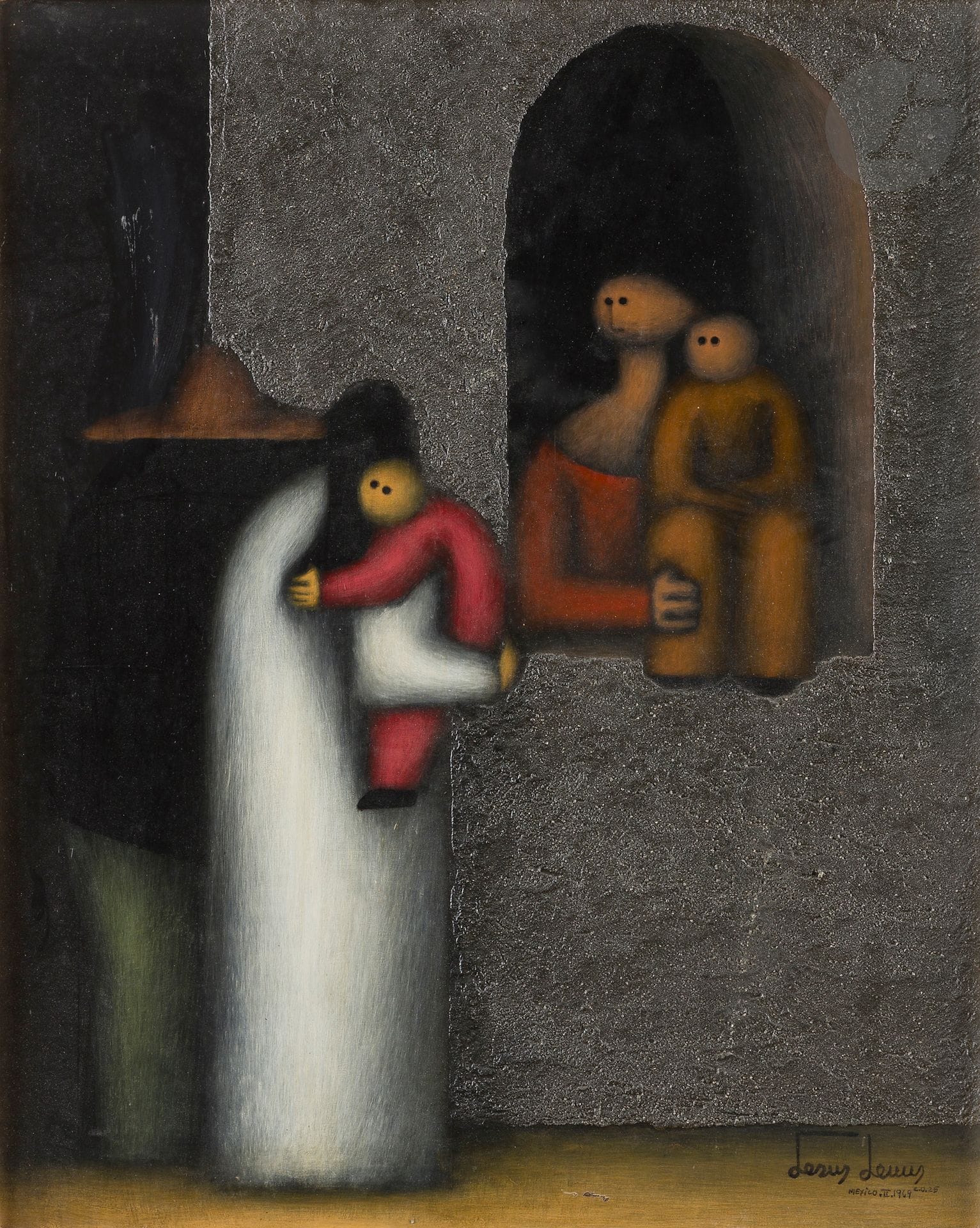 Jésus Mariano LEUUS [mexicain] 
(né en 1948)
La Famille, 1969
Huile sur isorel.
Signée et datée en bas à droite.
50 x 40 cm