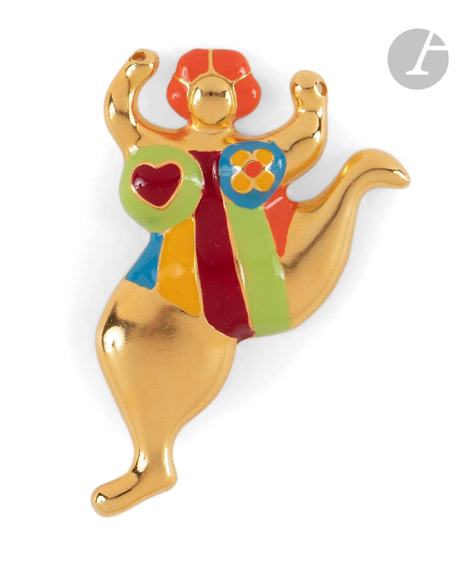 Niki de SAINT PHALLE (1930-2002)
Nana, 2002
Gold-plated and enameled metal pendant.
Signed, dated and copyrighted on the back.
JNF Production.
Height: 8 cm