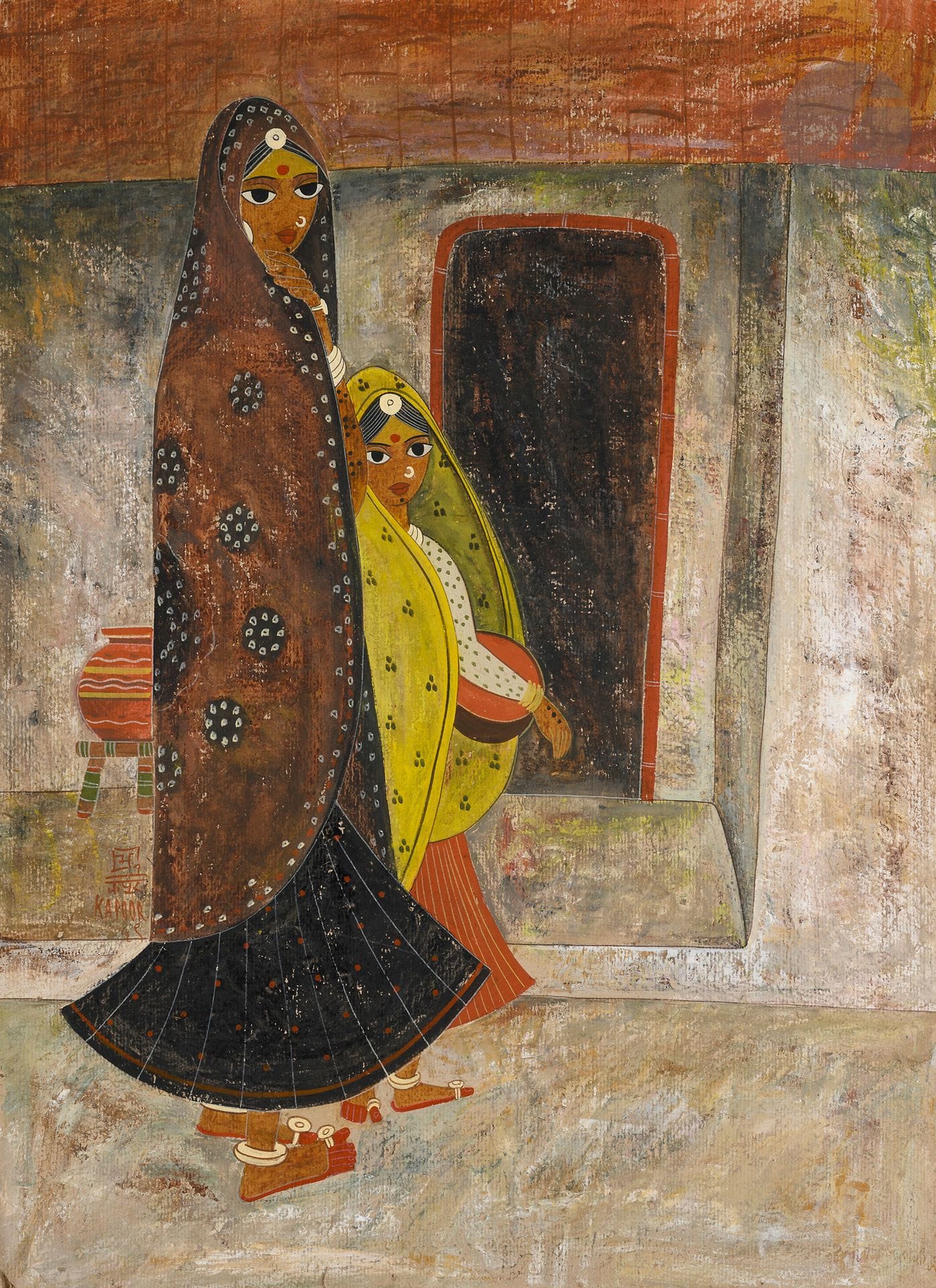 Bhagwan KAPOOR [indien] (né en 1935)
Mère et fille, 1959
Technique mixte sur papier.
Signée et datée en bas à gauche.
65 x 48,5 cm