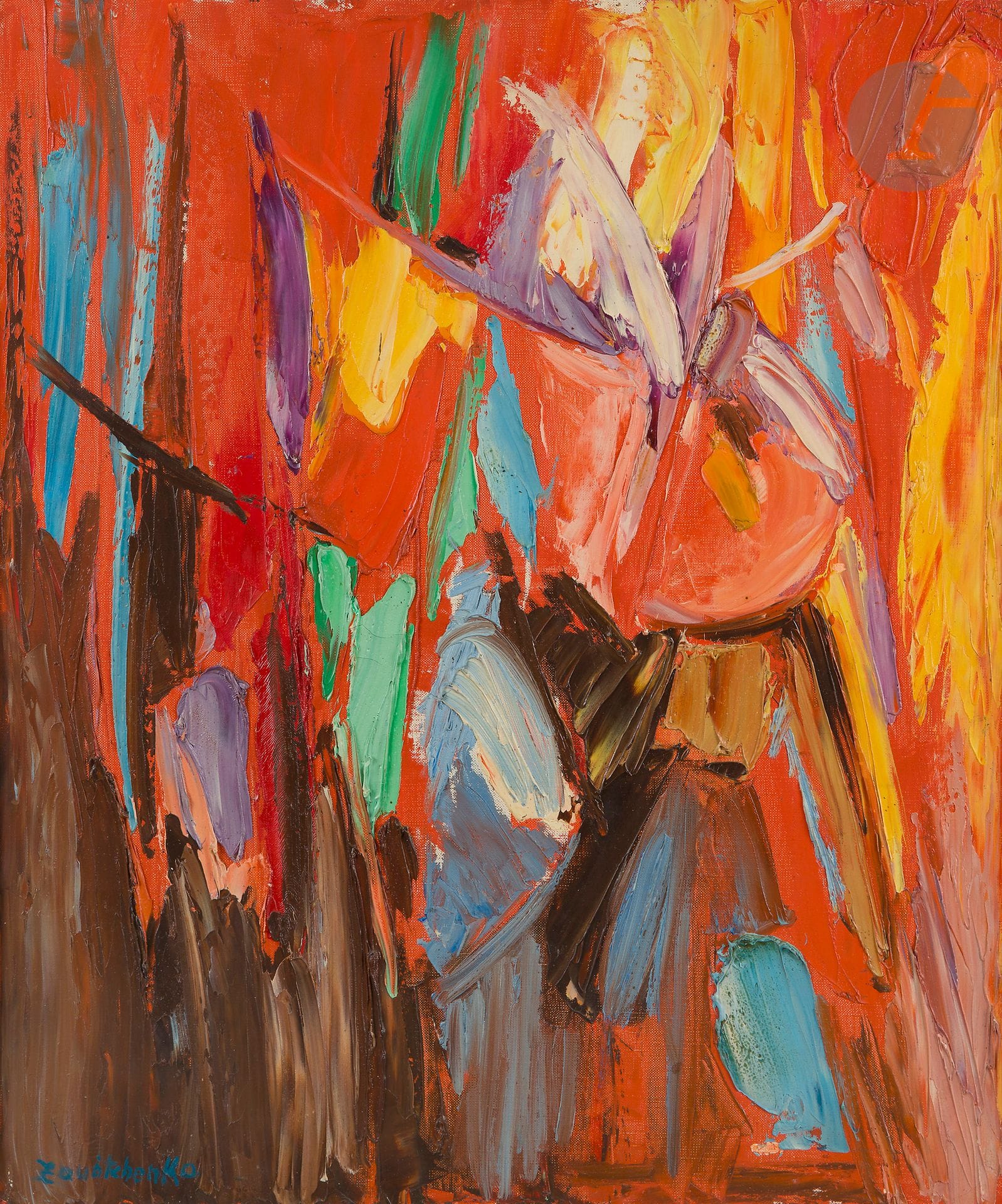 Catherine ZOUBTCHENKO [franco-russe] (née en 1937)
Flamenco, 1962
Huile sur toile.
Signée en bas à gauche.
Signée, datée et titrée au dos.
65 x 54 cm

Provenance : 
Vente Ader, 10 décembre 2014, n° 131.
