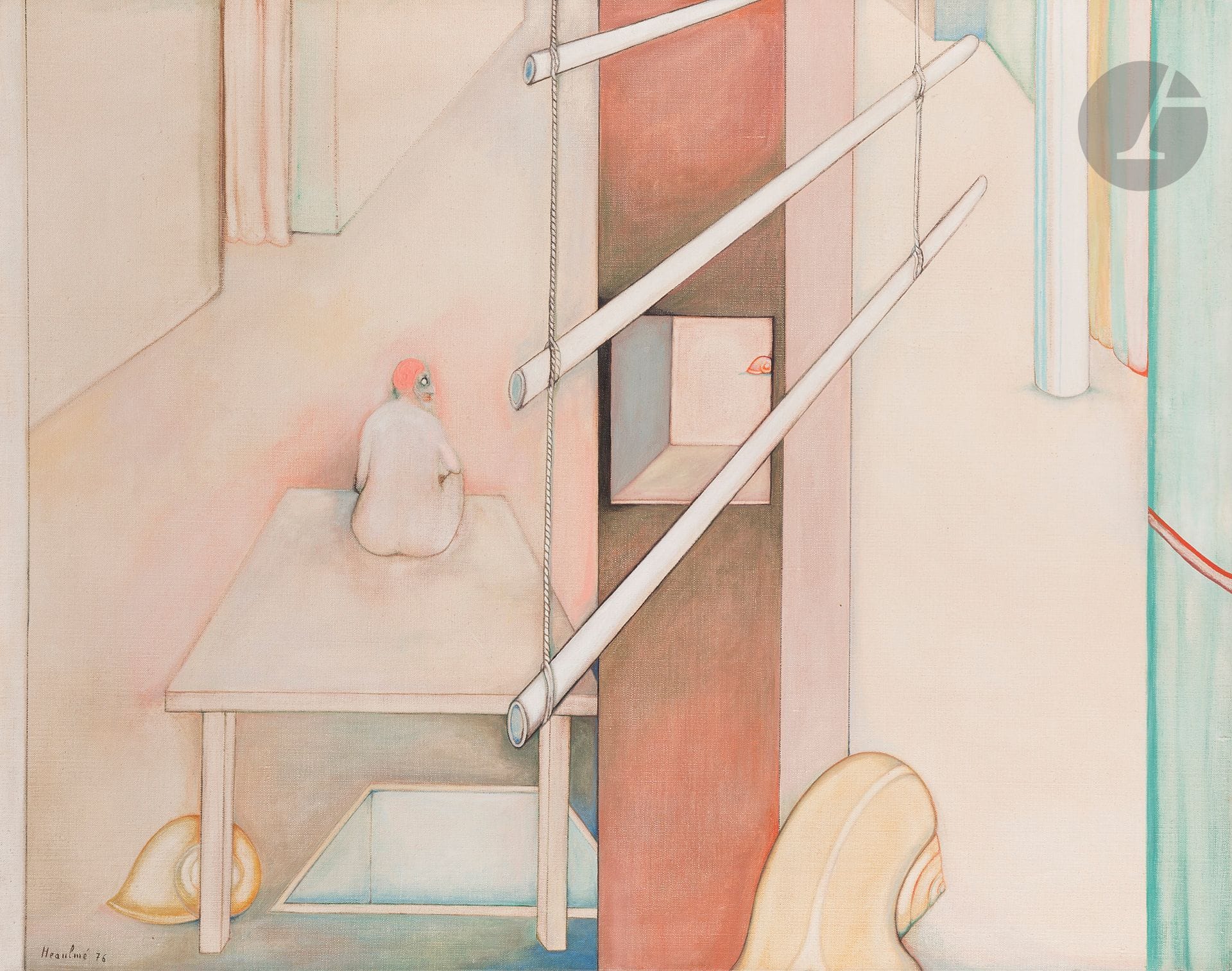 François HEAULMÉ (1927-2005)
Character with snails, 1976
Oil on canvas.
Signed and dated lower left.
73 x 92 cm

Provenance : 
Collection André et Claudine Parinaud, Paris.