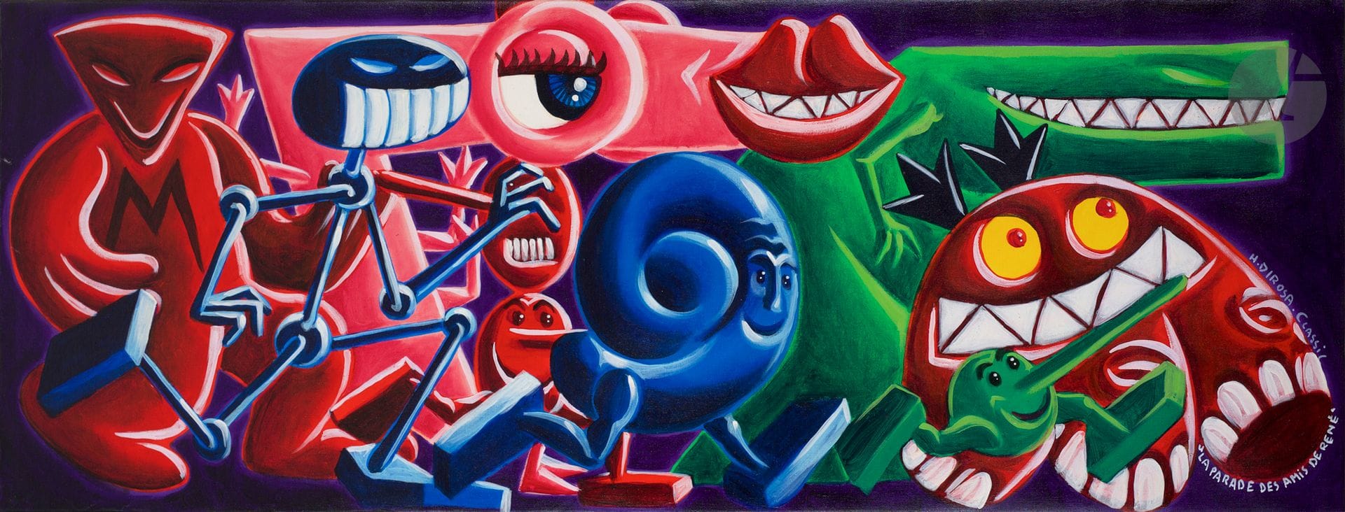 Hervé DI ROSA (né en 1959)
La Parade des amis de René
Huile sur toile.
Signée et titrée en bas vers la droite.
Signée et tirée au dos.
48 x 128 cm