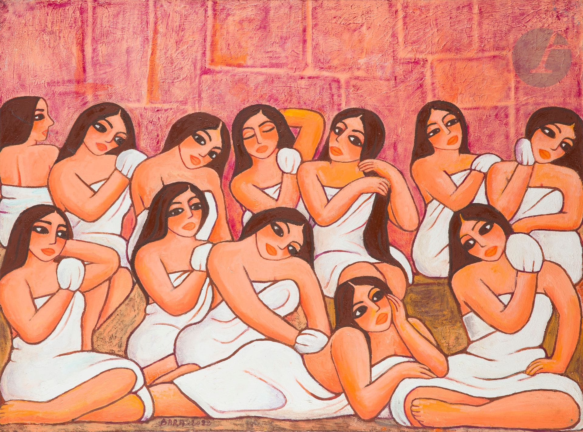 Ahmed Salah BARA [algérien] (né en 1970)
Des femmes dans un hammam
Huile sur toile.
Signée et titrée au dos.
60 x 81 cm