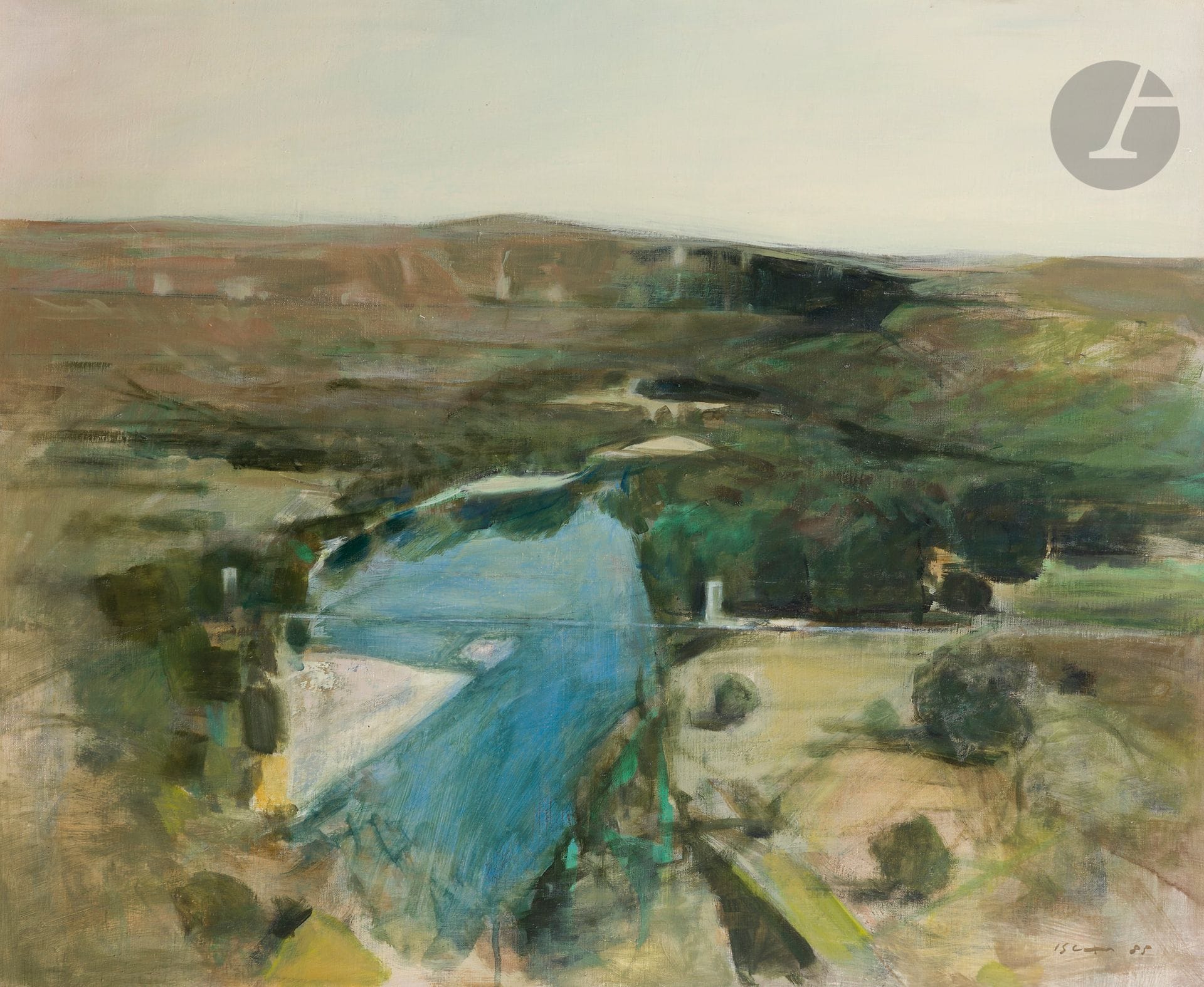 Ferit ISCAN [turc] (1931-1986)
Le Port de Gloglo, 1985
Huile sur toile.
Signée et datée en bas à droite. 
Signée, datée et titré au dos.
61 x 73 cm