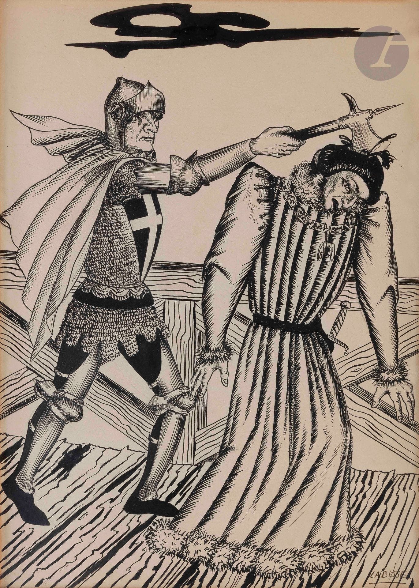 Félix LABISSE (1905-1982)
Le Meurtre de Jean sans Peur, 1949
Encre de Chine.
Signée en bas à droite.
35,5 x 26 cm

Provenance : 
Galerie Baudoin Lebon, Paris (étiquette au dos sur le montage).

Il s’agit de l’illustration pour « La vie secrète d’Isabeau de Bavière ».
