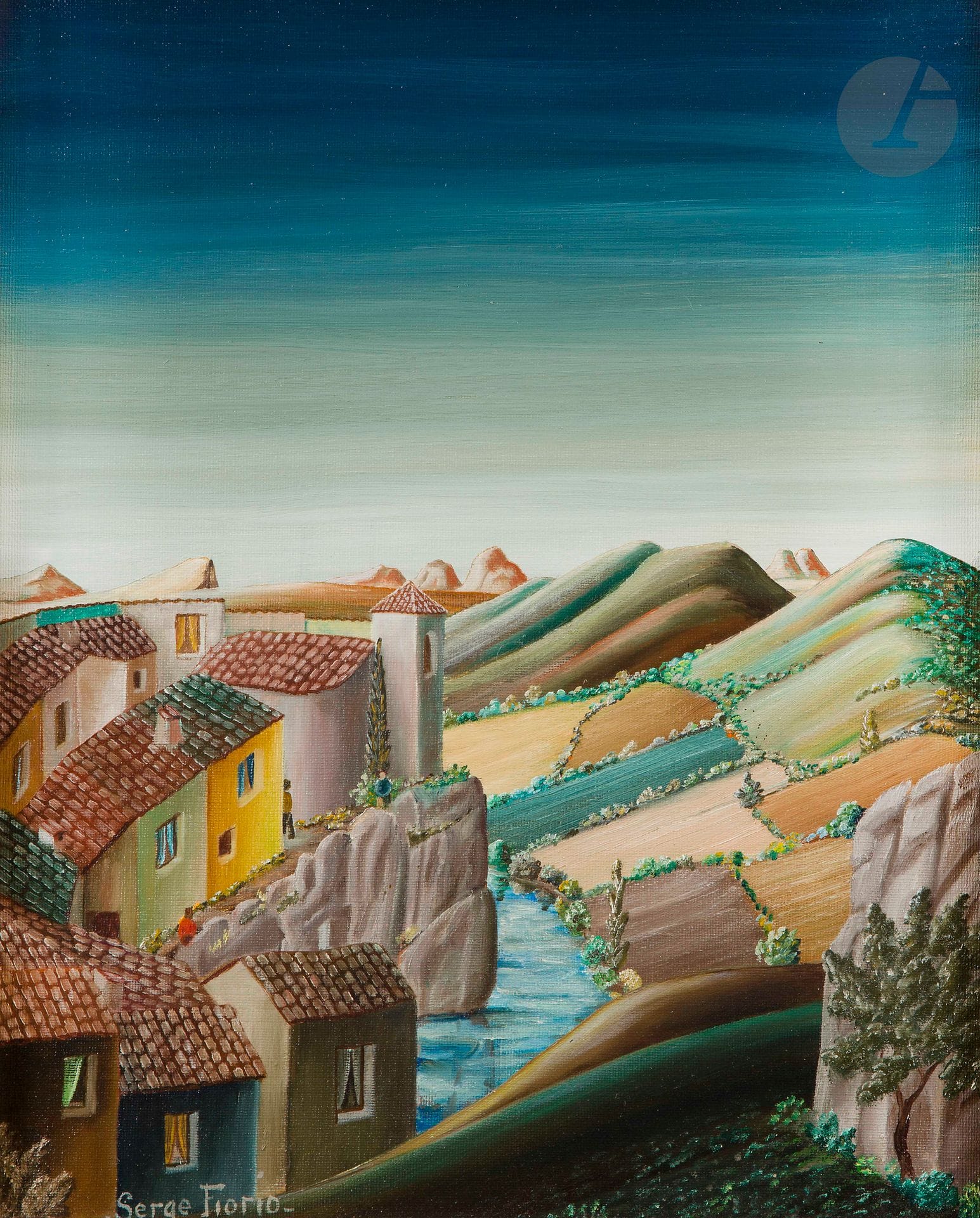 Serge FIORIO (1911-2011)
Village animé en bord de rivière
Huile sur toile.
Signée en bas à gauche.
41 x 33 cm

C’est Waldemar-George qui, évoquant la peinture Fiorio, écrivait dans une lettre à une amie :  « Je ne considère pas, d’ailleurs, cet artiste comme un peintre naïf. Il peint comme un primitif siennois. Il a la fraîcheur de perception et l’œil vierge des Lorenzetti. Il a aussi leur gai savoir. Sa vision est celle d’un poète, d’un enchanteur qui a retrouvé le don d’enfance émerveillée ».

Nous remercions Monsieur André Lombard pour les informations qu’il nous a transmises.