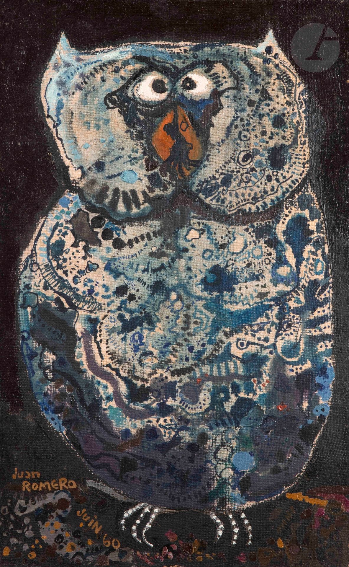 Juan ROMERO FERNANDEZ [Spanish]
(b. 1932)
Owl, 1960
Oil on canvas.
Signed and dated lower left.
Signed, dated and titled on back.
61 x 38 cm
