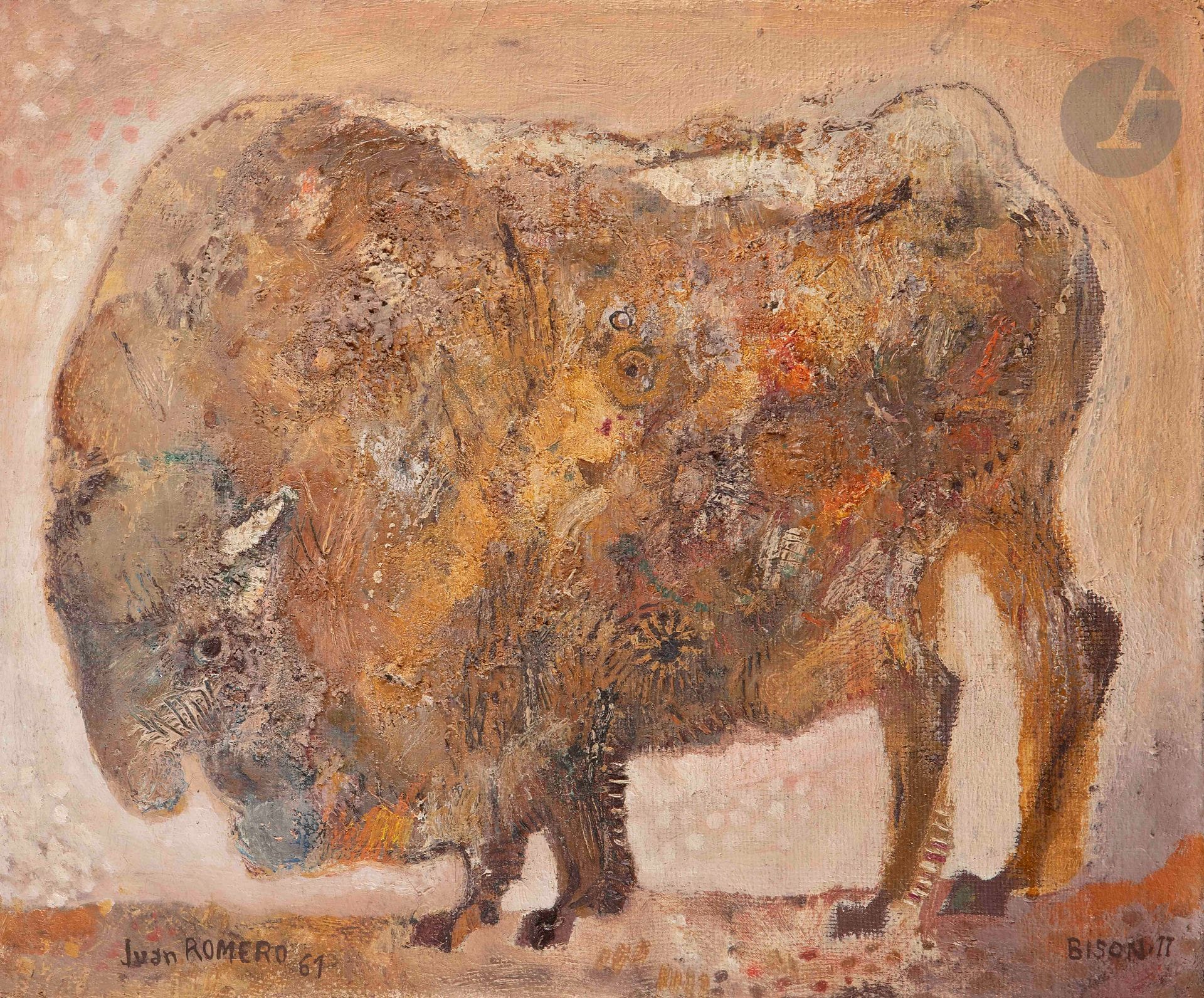 Juan ROMERO FERNANDEZ [espagnol]
(né en 1932)
Bison II, 1961
Huile sur toile.
Signée, datée et titrée.
Signée, datée et titrée au dos.
38 x 46 cm