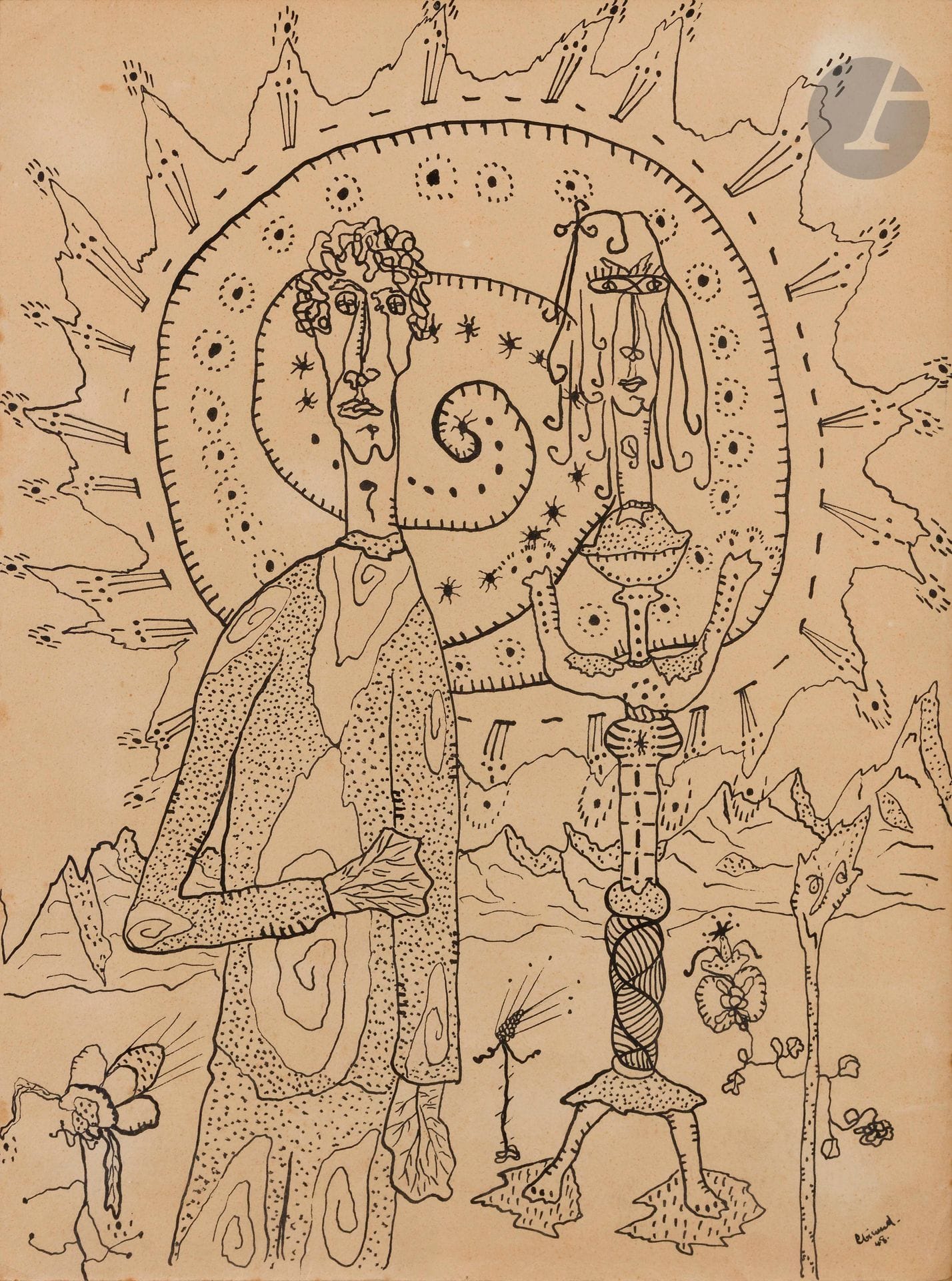 Pierre GIRAUD (1913-1988)
Jeune homme-végétal et fillette-chandelier sous la protection d’un grand soleil infini, 1948
Encre.
Signée et datée en bas à droite.
Monogrammée, datée et titrée au dos.
(Petites taches).
33 x 25 cm

Provenance : 
Collection particulière, Limoges.