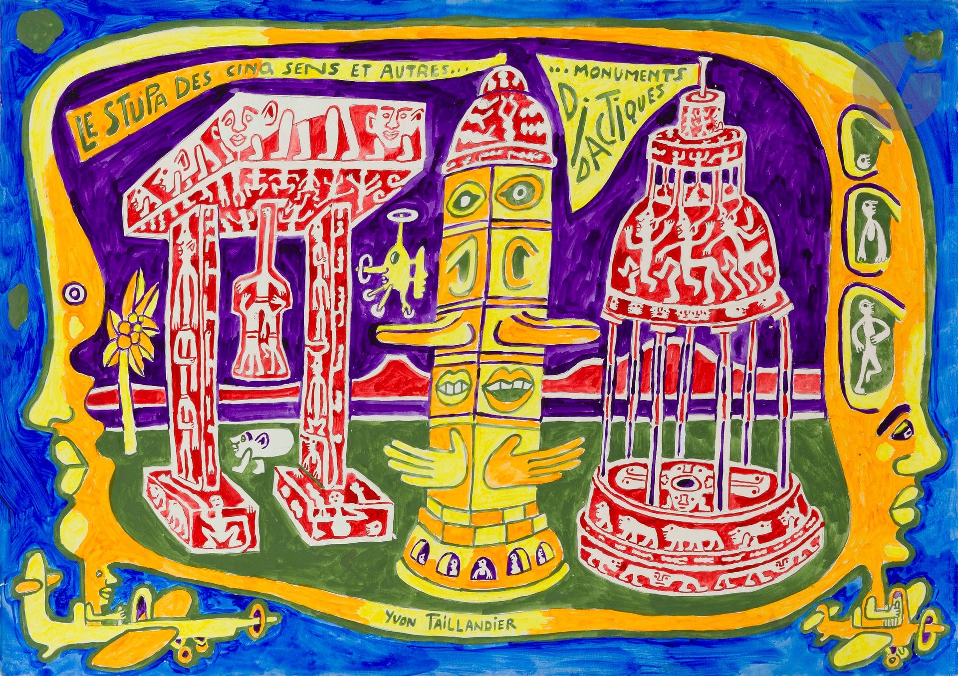 Yvon TAILLANDIER (1926-2018)
Le Stup. des cinq sens et autres...monuments didactiques
Gouache.
Signée en pied.
(Petite déchirure, pli).
59,5 x 84 cm

Bibliographie : 
Yvon Taillandier par Yvon Taillandier, Paris, Éditions Cercle d’Art, 2006, reproduit p. 173 (technique et dimensions erronées).