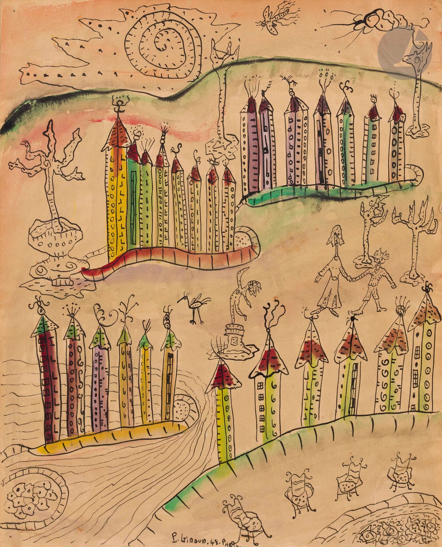 Pierre GIRAUD (1913-1988)
Paris, La ville animée, 1948
Encre et aquarelle.
Signée, datée et située en pied.
(Petites déchirures, trous de punaise).
27 x 21 cm

Provenance : 
Collection particulière, Limoges.