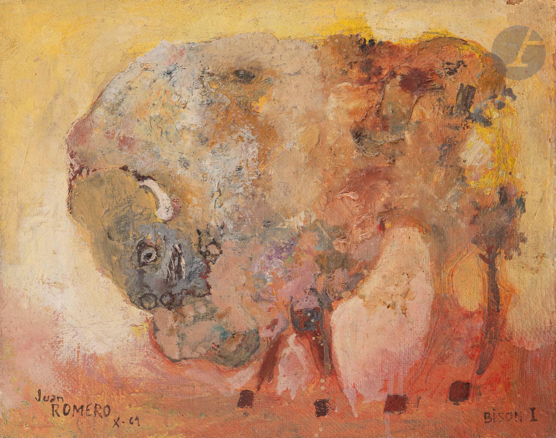 Juan ROMERO FERNANDEZ [Spanish] 
(born 1932)
Bison I
Oil on canvas.
Signed, dated and titled lower left.
Signed, dated and titled on the back.
33 x 40 cm
