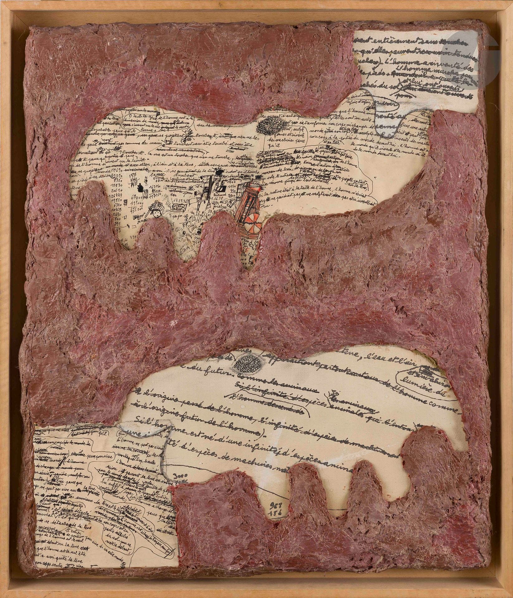 Jean-Luc PARANT (1944-2022)
Seuls les yeux de l’homme sont à la dimension du monde, 1988
Encre de Chine, collage de manuscrits, cire à cacheter et filasse de chanvre sur toile.
Signée au dos en lettres capitales rouges sur le cadre.
58 x 47 cm
Nous remercions Madame Kristell Loquet pour les informations qu’elle nous a transmises.