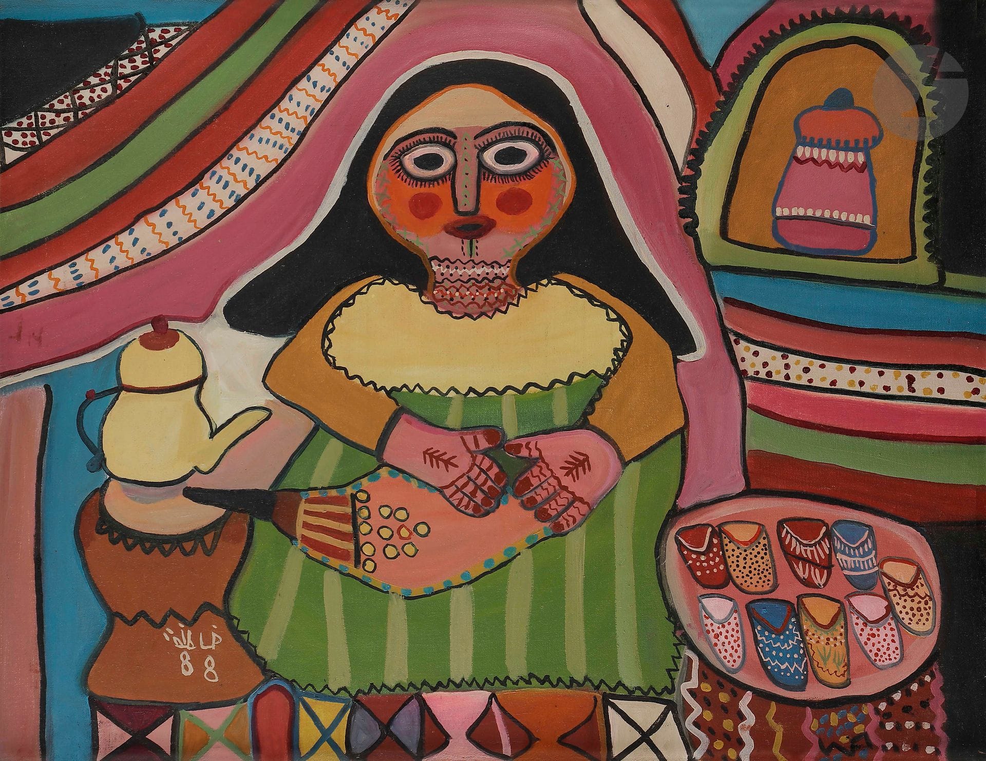 Fatna GBOURI [Moroccan] (1924-2012)
Tea Ceremony, 1988
Acrylic on canvas.
Signed lower left.
55 x 77 cm