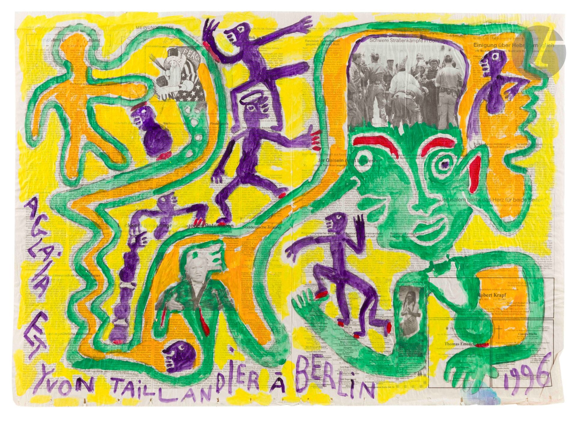 Yvon TAILLANDIER (1926-2018)
Aglaia et Yvon Tallandier à Berlin, 1996
Gouache sur papier journal.
Signée, datée et titrée dans la composition.
56,5 x 79 cm