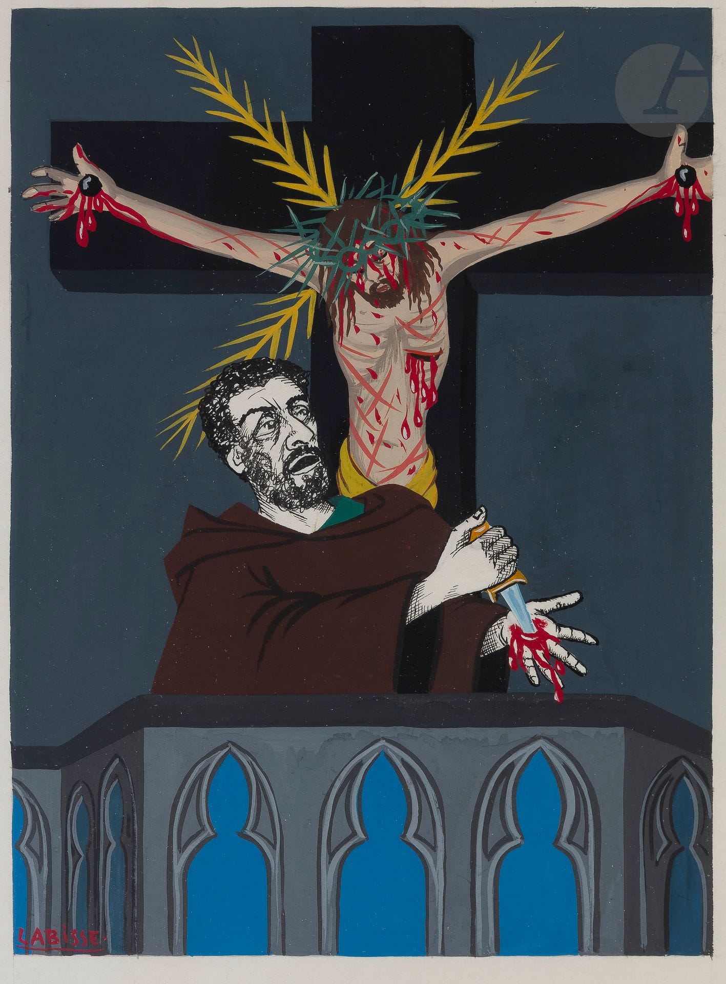 Félix LABISSE (1905-1982)
Le Diable et le bon Dieu, 1962
Gouache.
Signée en bas à gauche.
(Trous de punaise).
31 x 22,5 cm

Il s’agit de d’illustration pour « Le Diable et le bon Dieu » du « Théâtre » de Jean-Paul Sartre édité par Gallimard (Pierre Brasseur dans la scène des stigmates).