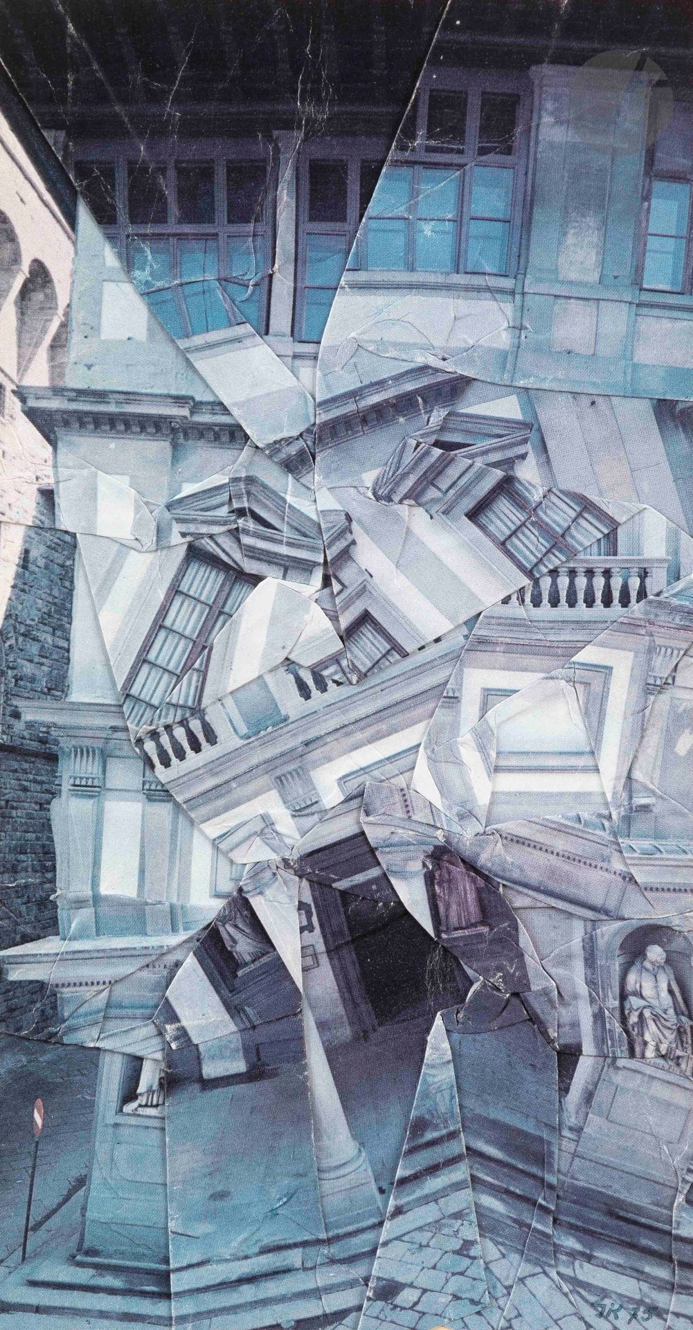 Jiri KOLAR [tchèque] (1914-2002)
Vzpomínající dum (La Maison du bonheur), 1975
Pliage sur carton.
Monogrammé et daté en bas à droite.
Titré au dos.
29,5 x 21 cm