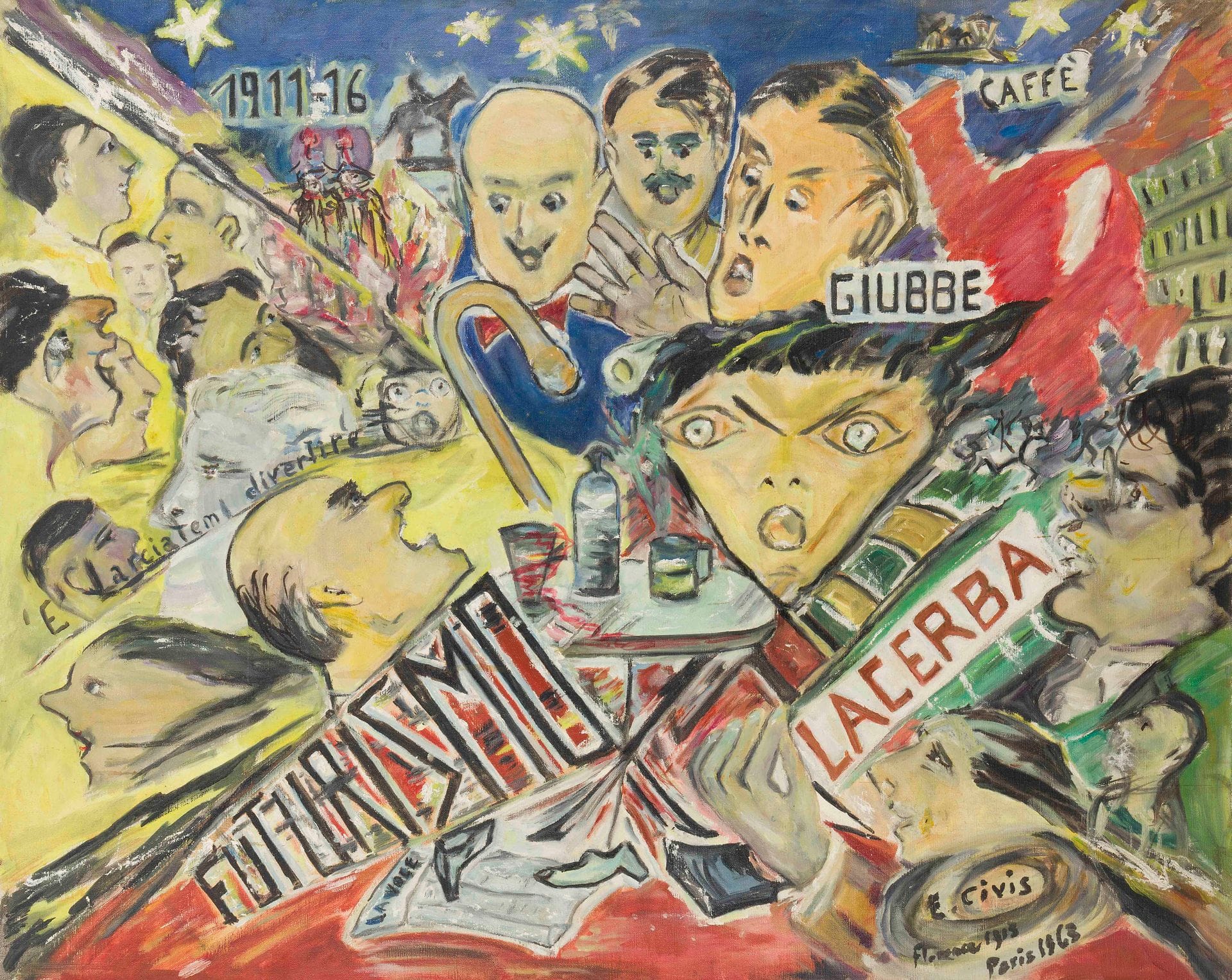Euro CIVIS (XXe siècle)
Bagarre futuriste au Giubbe Rosse
Huile sur toile.
Signée, datée et située deux fois en bas à gauche.
73 x 92 cm