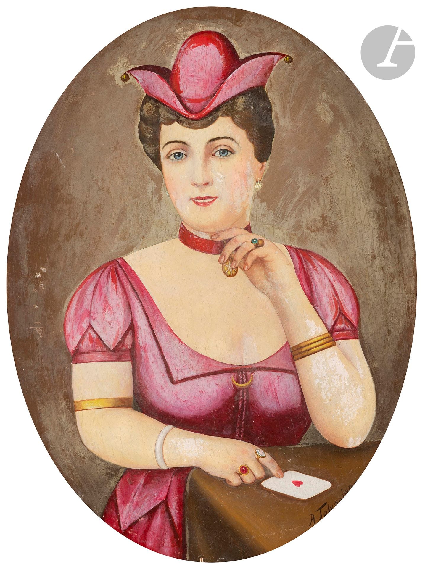 A. TOLVANIAN (XXe siècle)
Portrait de femme à l’as de cœur
Huile sur panneau ovale.
Signée en bas à droite.
33 x 24 cm