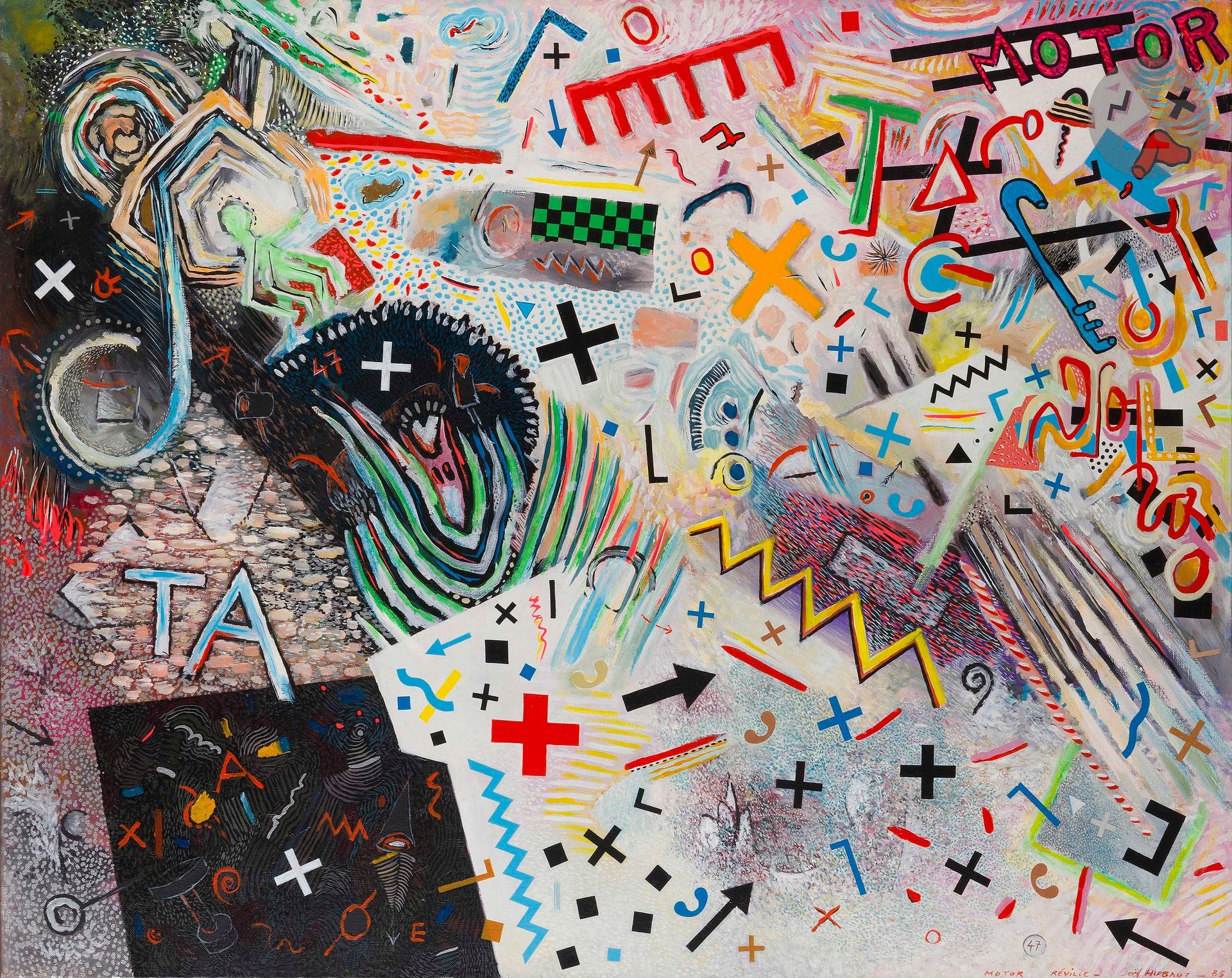 Joël HUBAUT (né en 1947)
Motor Réville, 1985
Acrylique sur toile.
Signée, datée et titrée en bas à droite.
Signée et datée au dos.
73 x 92 cm