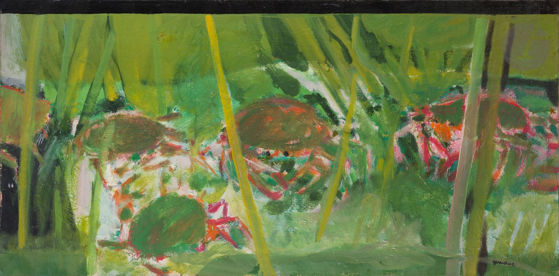 Gérard Diaz dit GERARDIAZ (né en 1938)
Les Crabes, 1965
Huile sur toile.
Signée en bas à droite.
Signée et datée au dos.
(Craquelures et soulèvements).
50 x 100 cm
