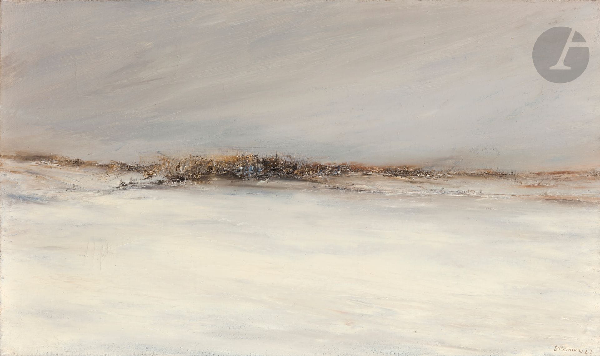 Jack OTTAVIANO (1924-1988)
Paysage blanc, 1962
Huile sur toile.
Signée et datée en bas à droite.
33 x 55 cm