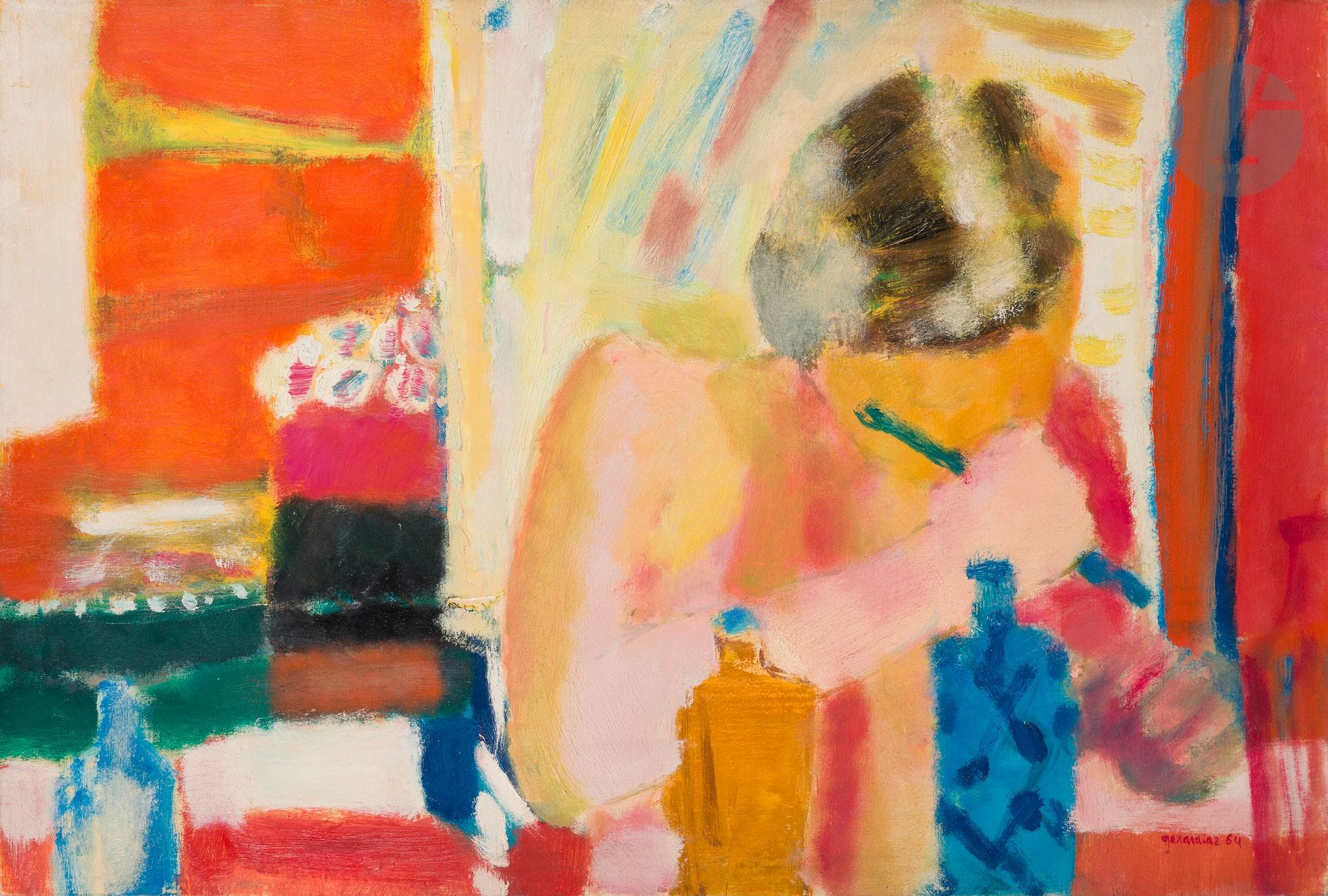 Gérard Diaz dit GERARDIAZ (né en 1938)
La Toilette, 1964
Huile sur toile.
Signée et datée en bas à droite.
54 x 81 cm

Provenance : 
Galerie Framond, Paris (étiquette au dos).