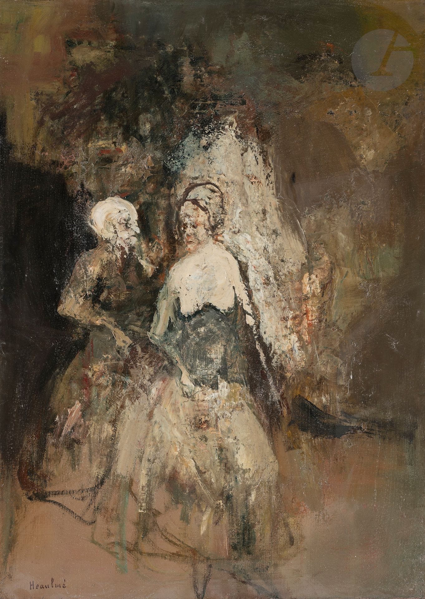 François HEAULMÉ (1927-2005)
Les Deux vieilles, vers 1962
Huile sur toile.
Signée en bas à gauche.
70 x 50 cm

Provenance : 
Vente Me Chopin de Janvry, 25 mai 2005.

Bibliographie : 
Eric Mercier, Années 50, La Jeune peinture, Panorama de la Jeune Peinture, Tome II, Zurich, Artacatos, 2010, reproduit p. 207.