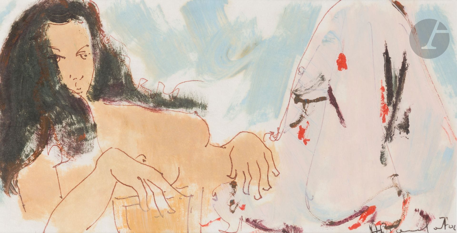 Alain BONNEFOIT (né en 1937)
Femme alanguie
Encre et huile sur papier.
Signée en bas à droite.
14 x 28 cm