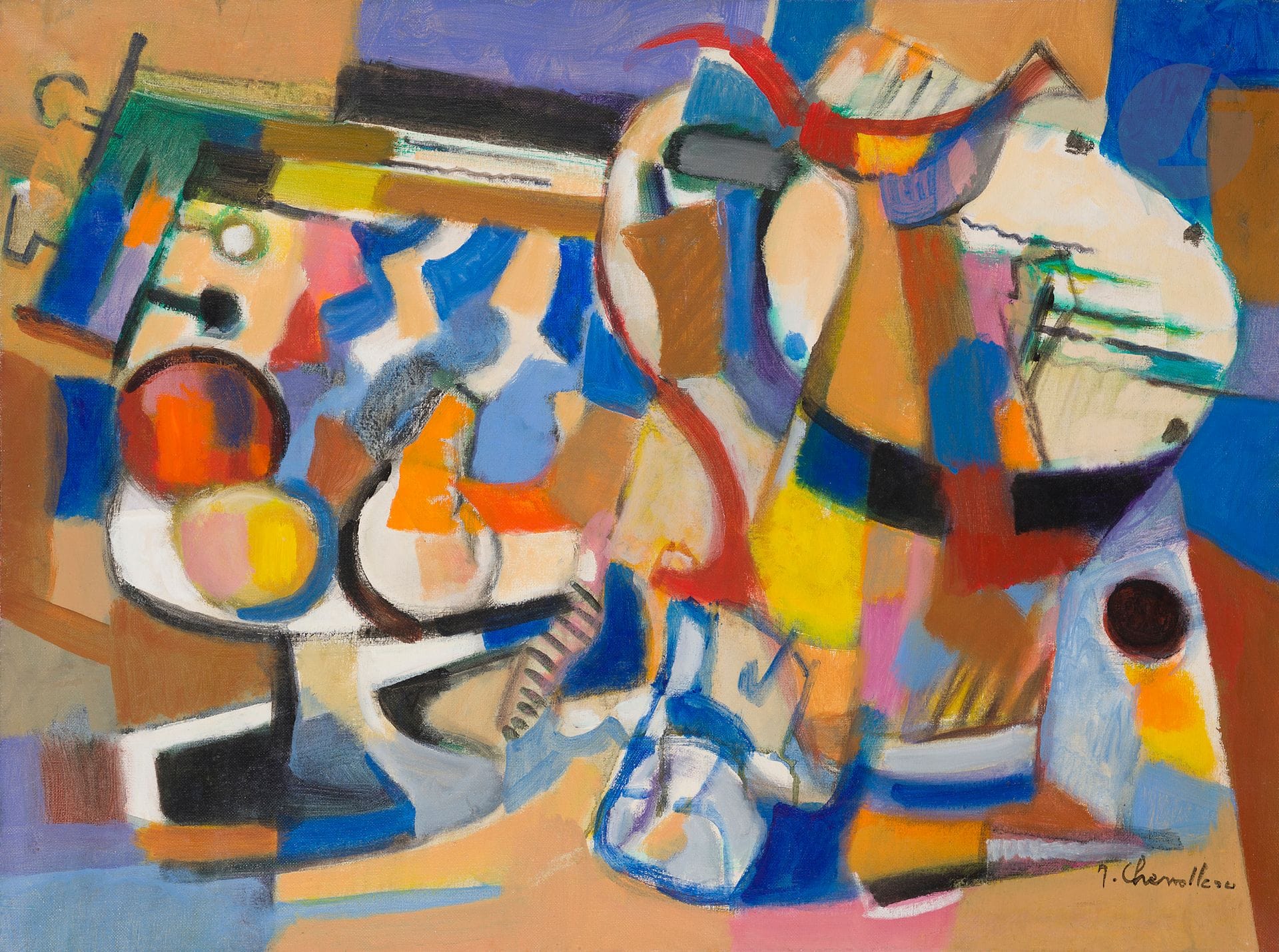 Jean CHEVOLLEAU (1924-1996)
Nature morte au banjo, 1990
Huile sur toile.
Signée en bas à droite.
Signée, datée et titrée au dos.
54 x 73 cm