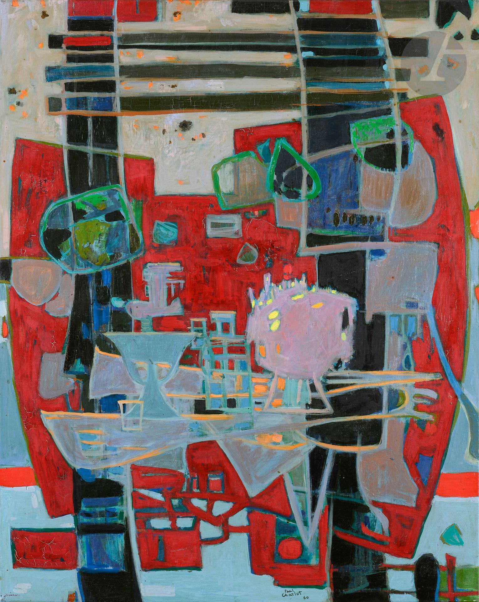 Paul CHARLOT (1906-1985)
Le Store, 1960
Oil on canvas.
Signed and dated lower right.
Signed, dated and titled on the back.
(Damage and missing parts).
81 x 64 cm