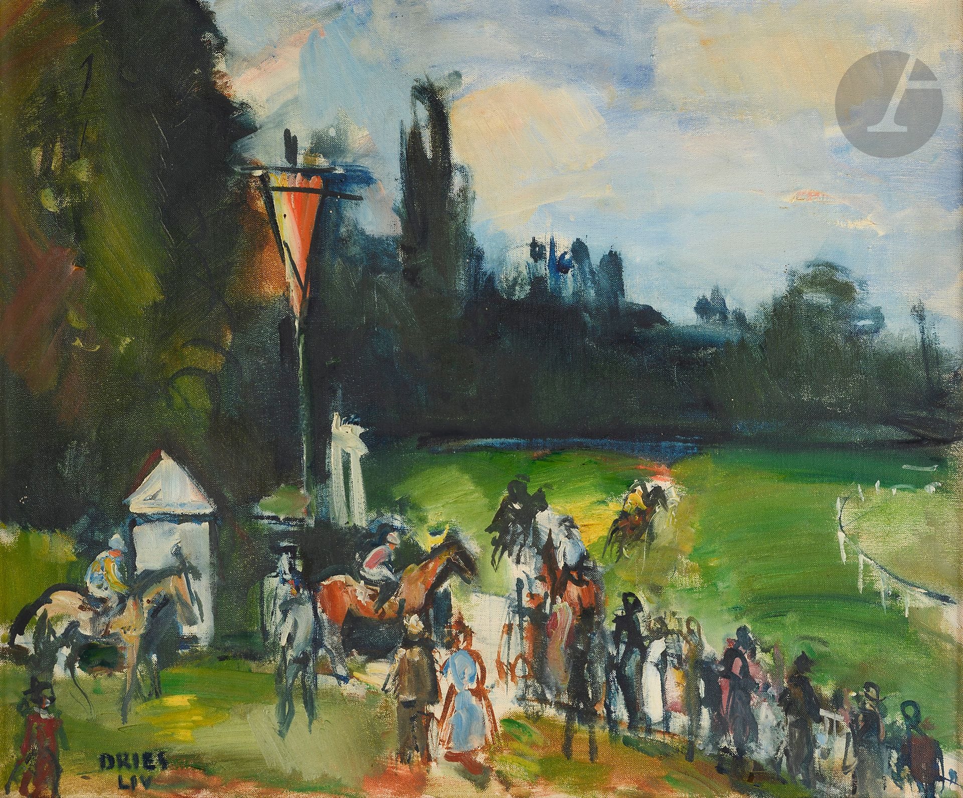 Jean DRIES (1905-1973)
L'Entrée de la piste, Deauville, 1954
Huile sur toile.
Signée en bas à gauche.
Signée, datée et titrée au dos.
44 x 53 cm