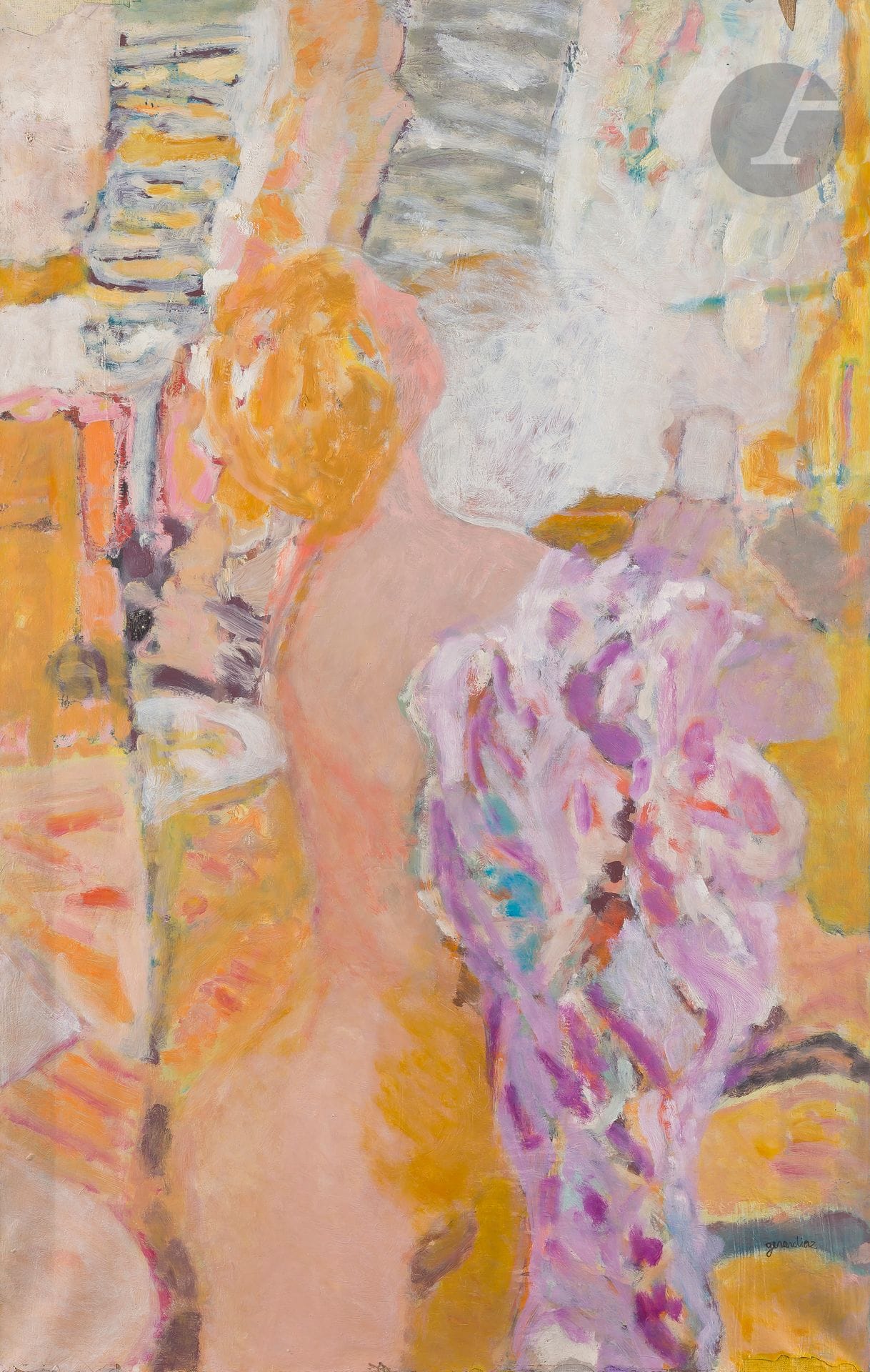 Gérard Diaz dit GERARDIAZ (né en 1938)
Femme se déshabillant, vers 1963
Huile sur toile.
Signée en bas à droite.
116 x 73 cm