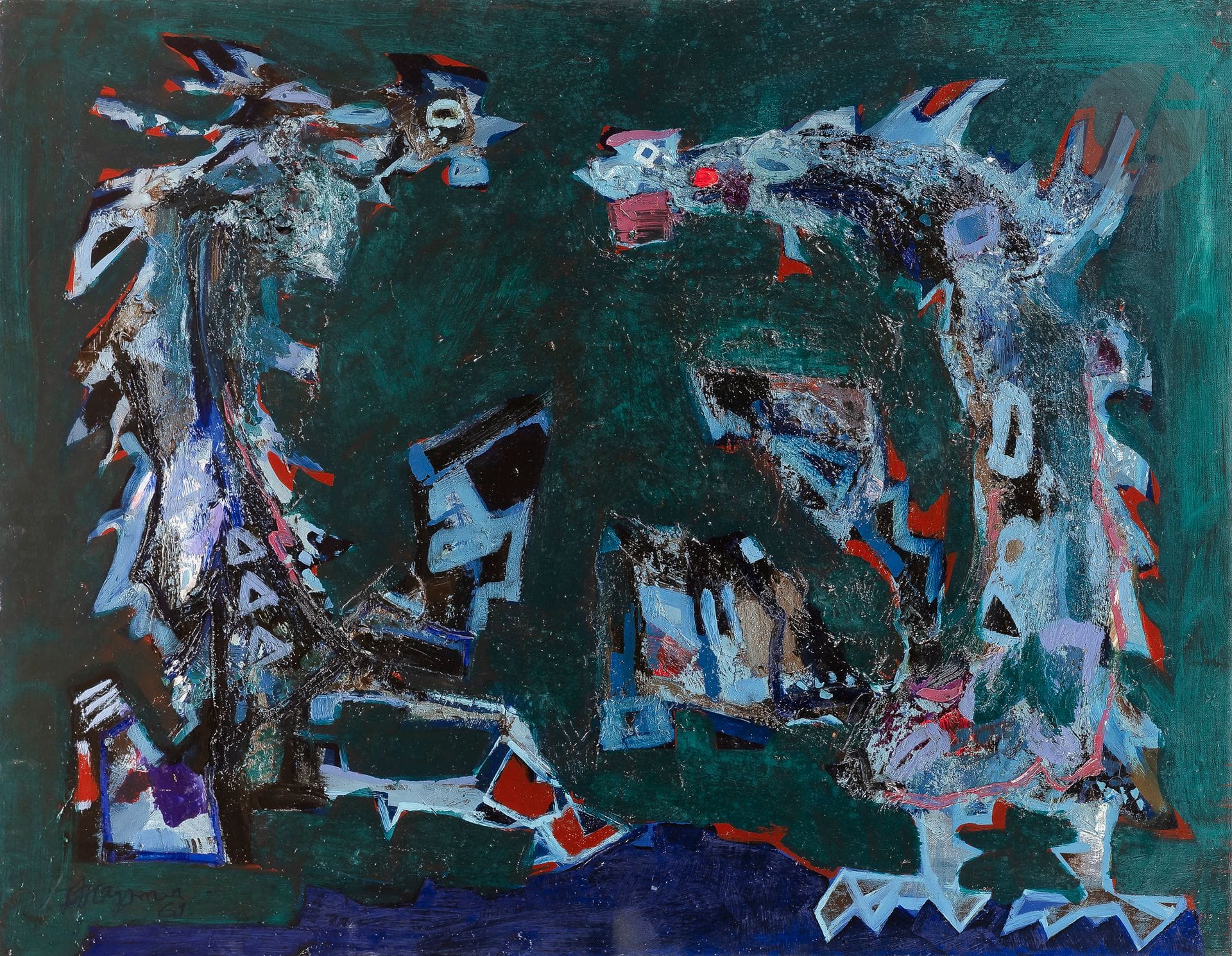 Jean-Claude DRAGOMIR (1931-1965)
Combat de coqs, 1961
Huile sur toile.
Signée et datée en bas à gauche.
73 x 92 cm