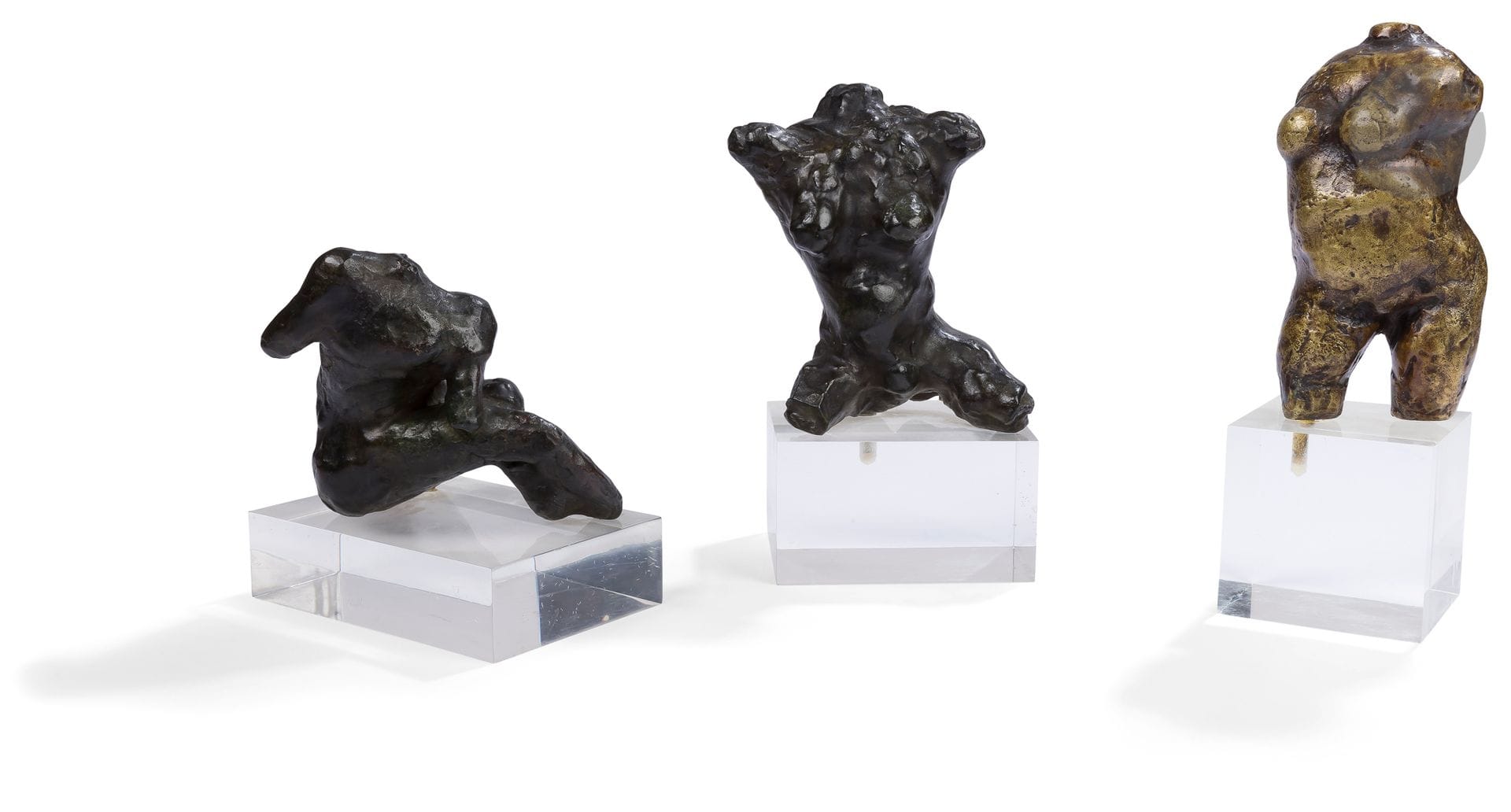 Henri-Paul DERYCKE (1928-1998)
Nudes
3 bronze prints with brown and gold patina.
Monogrammed "HD" and numbered "0/8" on each.
Foundry mark "Susse Fondeur Paris" on each.
Height: 12 cm - 15.5 cm - 17 cm