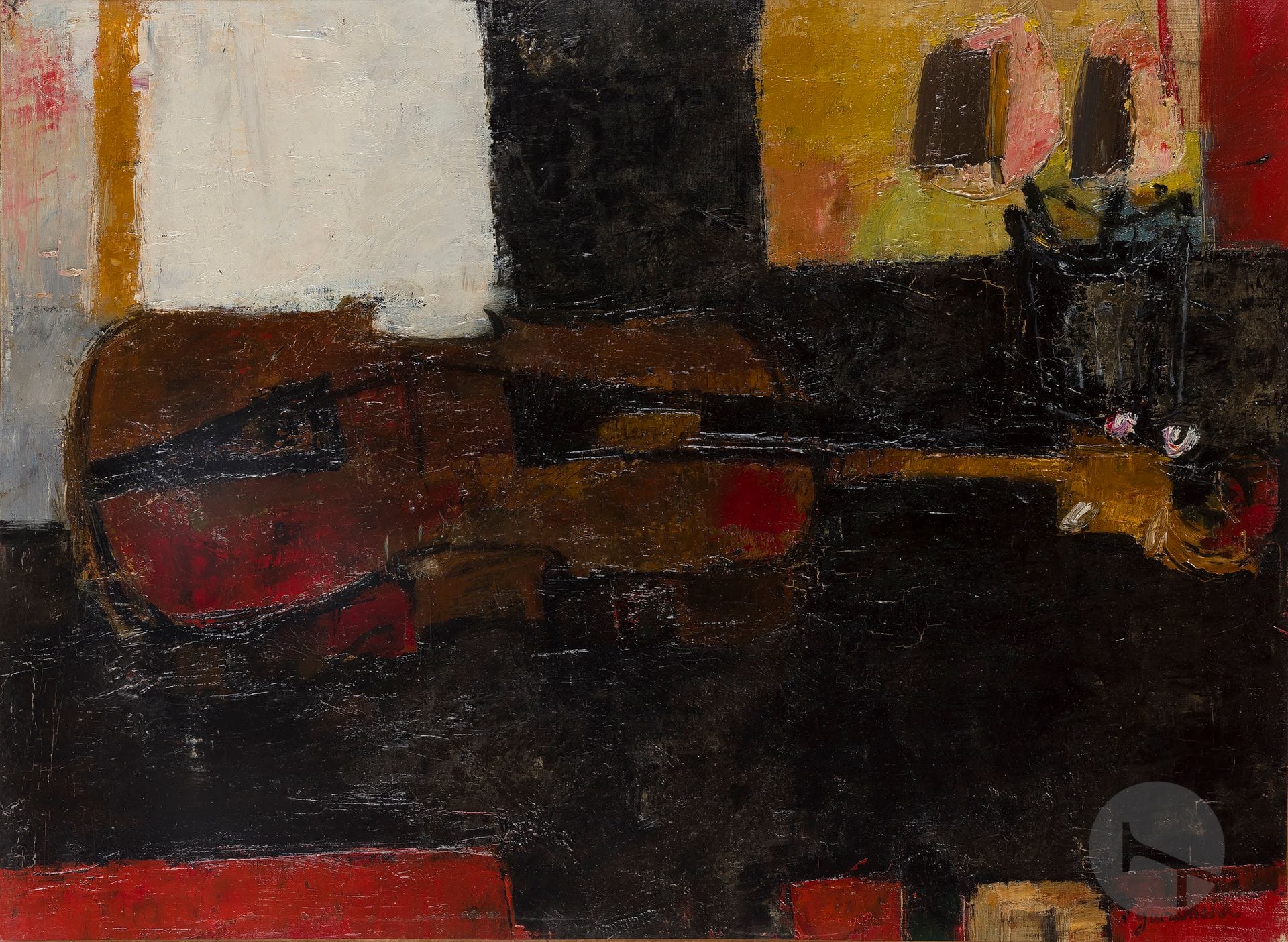 Paul GUIRAMAND (1926-2007)
Le Violon, vers 1958
Huile sur toile.
Signée en bas à droite.
(Craquelures).
54 x 73 cm

Bibliographie : 
- Eric Mercier : Guy Bardone, René Genis, Paul Guiramand, Gazette de l'Hôtel Drouot, n°46, 20 décembre 2002, reproduit p. 80.
- Eric Mercier, Années 50, La Jeune peinture, L'alternative figurative, Tome I, Zurich, Artacatos, 2010, reproduit p. 375.