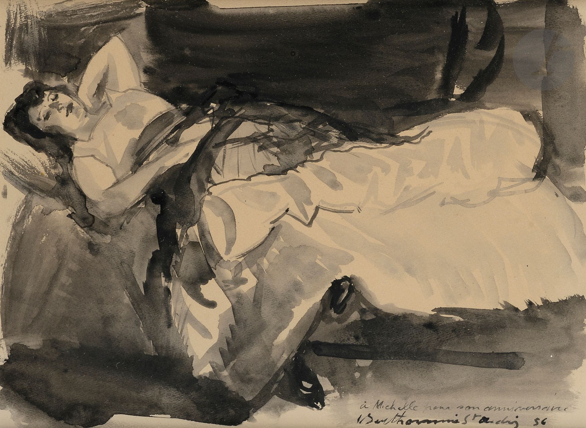 Louis BERTHOMME SAINT-ANDRÉ 
(1905-1977)
Femme allongée, 1956
Encre.
Signée, datée et dédicacée en bas à droite.
23,5 x 31 cm