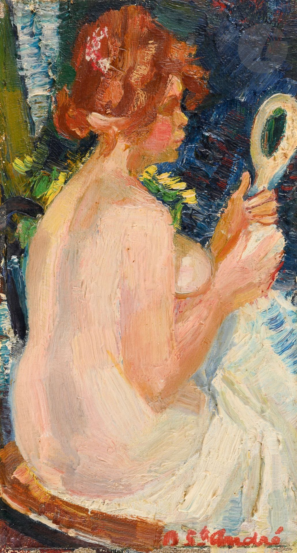 Louis BERTHOMME SAINT-ANDRÉ 
(1905-1977)
Femme se mirant
Huile sur toile.
Signée en bas à droite.
22 x 10 cm