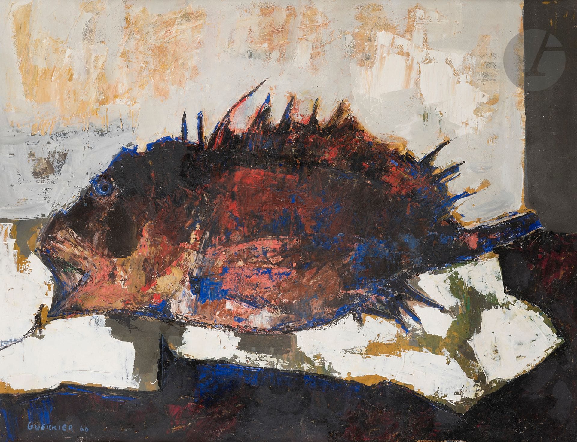 Raymond GUERRIER (1920-2002)
Le Rascasse, 1960
Huile sur papier.
Signée et datée en bas à gauche.
49 x 63 cm

Nous remercions Monsieur Francis Guerrier, fils de l'artiste, d'avoir confirmé l'authenticité de cette œuvre.