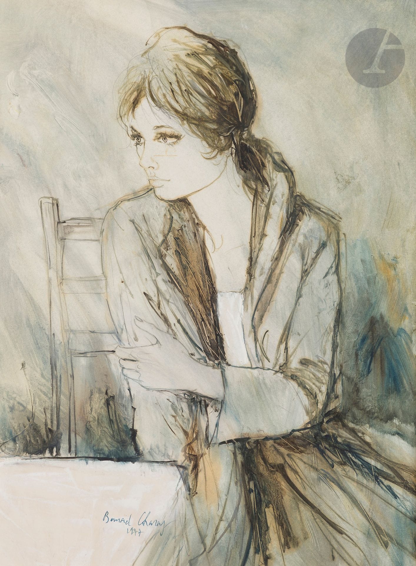 Bernard CHAROY (né en 1931)
Portrait de femme accoudée, 1977
Encre, lavis d'encre et gouache.
Signée et datée en bas à gauche.
61 x 46 cm