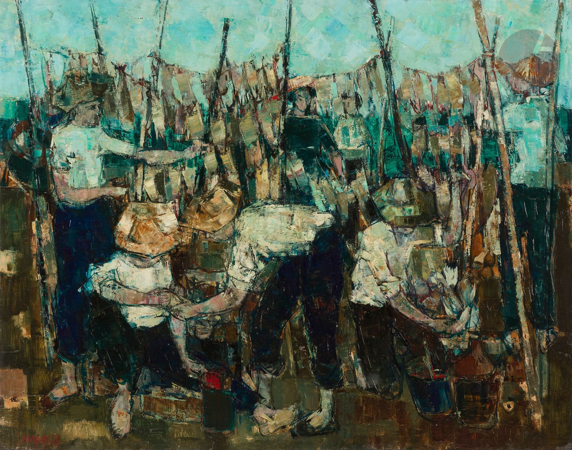 Raoul PRADIER (1929-2017)
Les Poissons qui sèchent, 1956
Huile sur toile.
Signée et datée en bas à gauche.
73 x 92 cm

Provenance : 
- Galerie Romanet, Paris (étiquette au dos).
- Vente Me Dapsens, 19 décembre 1999.