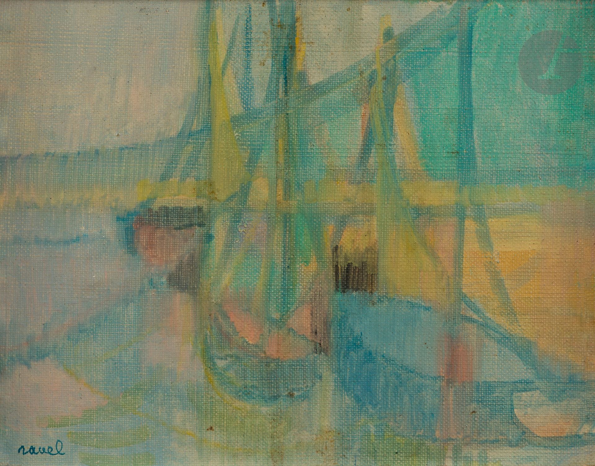 Daniel RAVEL (1915-2002)
Dives, bateaux au port, 1954
Huile sur toile.
Signée en bas à gauche.
Datée et située au dos sur le châssis.
19 x 24 cm

Provenance : 
Collection particulière, Paris. Acquis directement auprès de l'artiste.