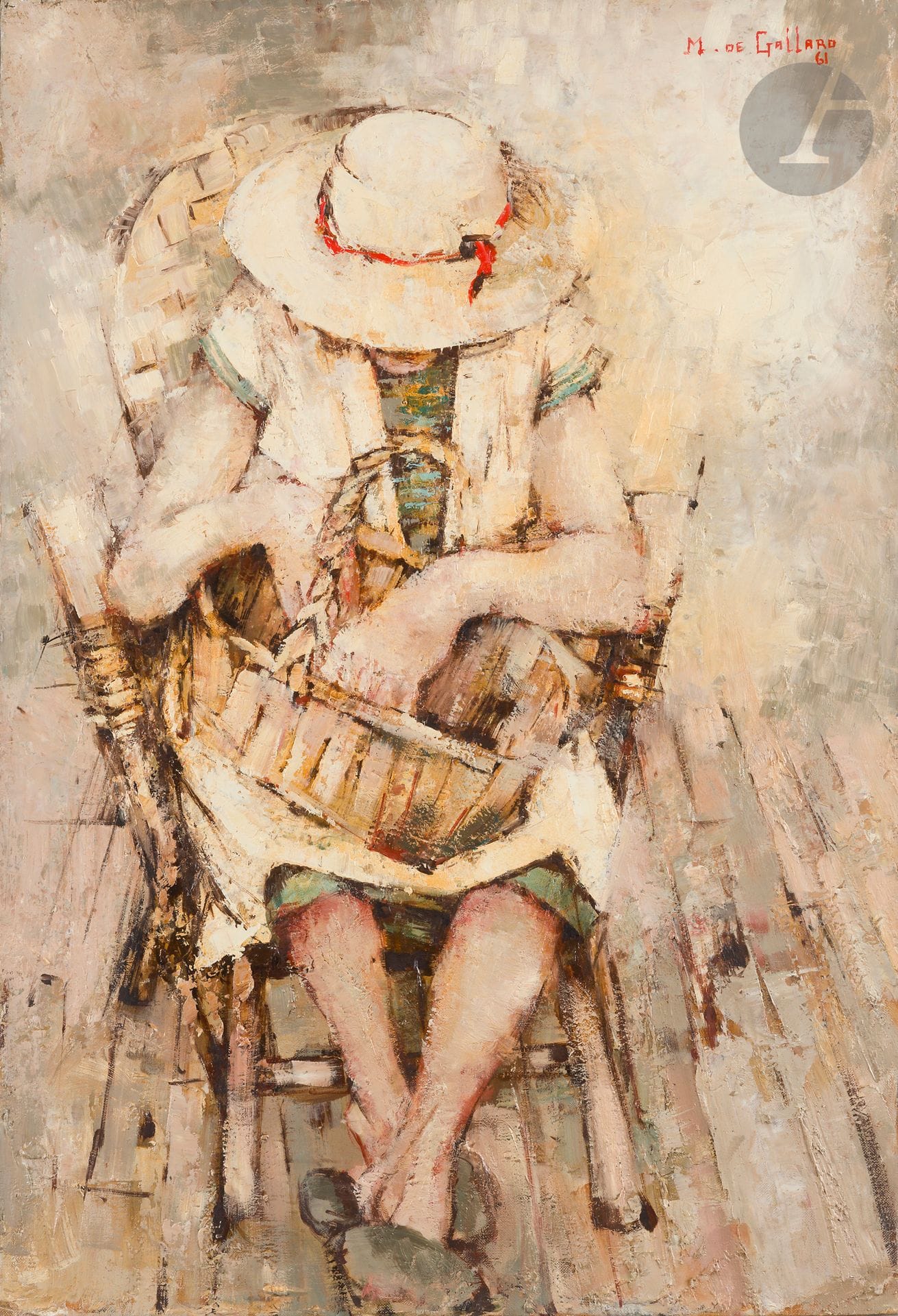 Michel de GALLARD (1921-2007)
Femme au panier, 1961
Huile sur toile.
Signée et datée en haut à droite.
73 x 50 cm