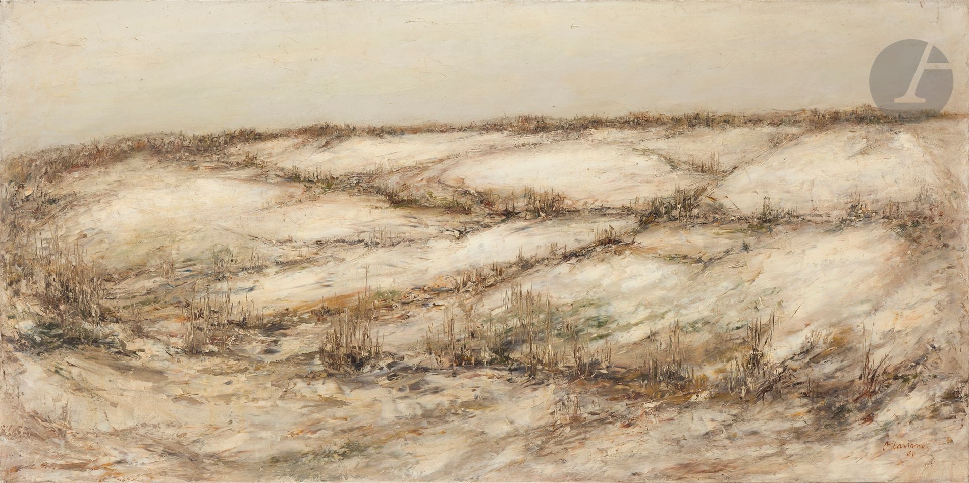 Jack OTTAVIANO (1924-1988)
Paysage de neige, 1960
Huile sur toile.
Signée et datée en bas à droite.
60 x 120 cm

Provenance : 
Galerie Framond, Paris (étiquette au dos).