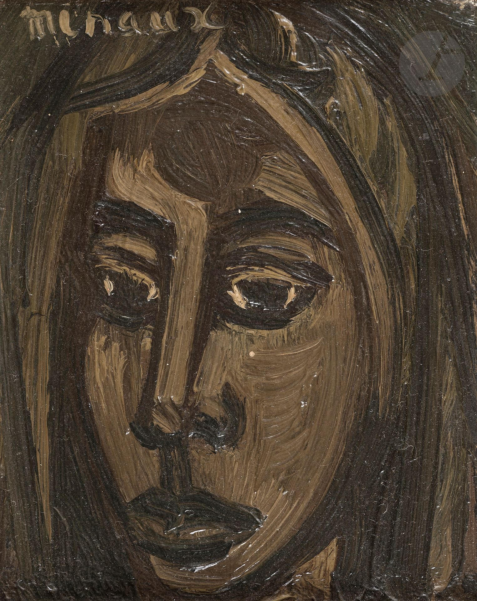 André MINAUX (1923-1986)
Tête de femme, vers 1948-49
Huile sur toile.
Signée en haut à gauche.
18 x 14 cm

Bibliographie : 
Eric Mercier, Années 50, La Jeune peinture, L'Alternative figurative, Tome I, Zurich, Artacatos, 2010, reproduit p. 202.