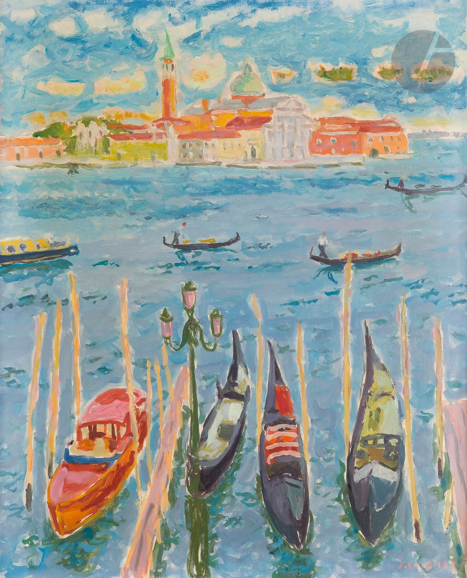 Jules CAVAILLÈS (1901-1977)
Venise, San Giorgio
Huile sur toile.
Signée en bas à droite.
Signée et située au dos.
73 x 60 cm