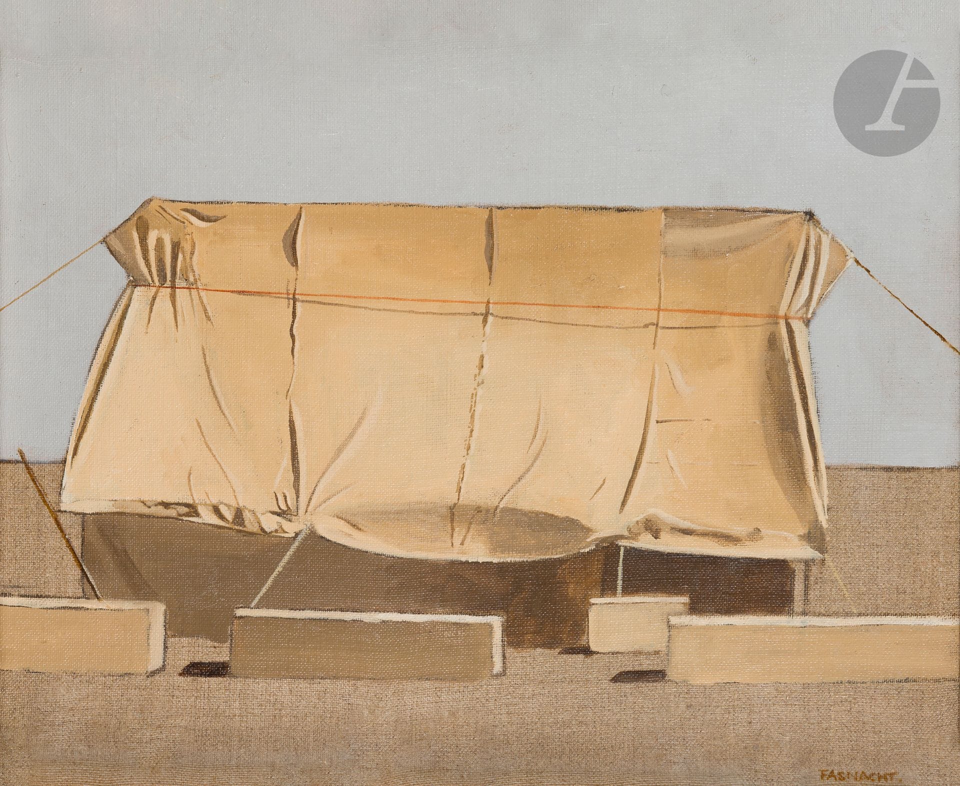 Eric FASNACHT (1954-2017)
Tente de Chantier, 2003
Huile sur toile.
Signée en bas à droite.
38 x 46 cm

Provenance : 
Galerie Framond, Paris (étiquette au dos).