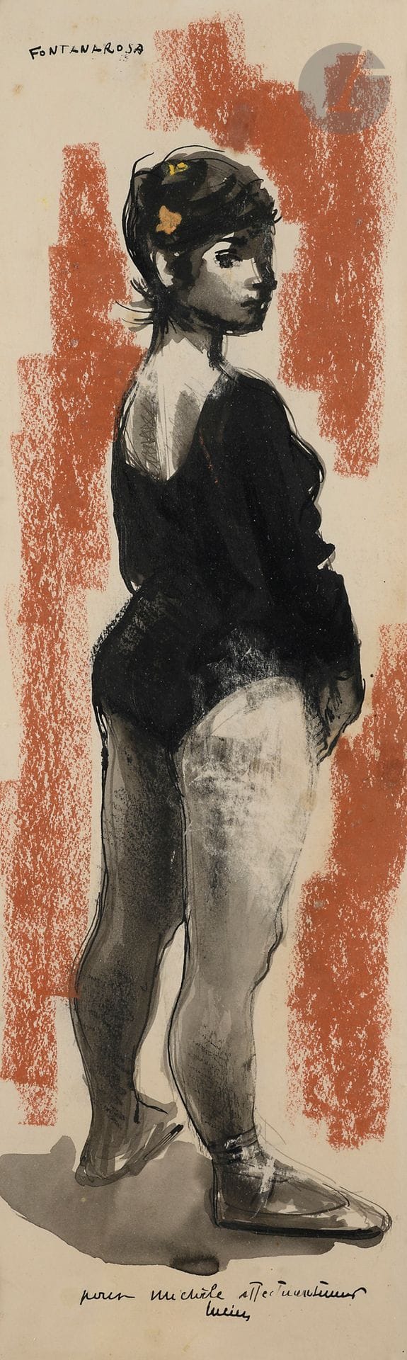 Lucien-Joseph FONTANAROSA (1912-1975)
Ballerine
Encre, pastel et crayon gras.
Signée en haut à gauche.
Dédicacée en pied.
(Rousseurs).
45 x 13,5 cm