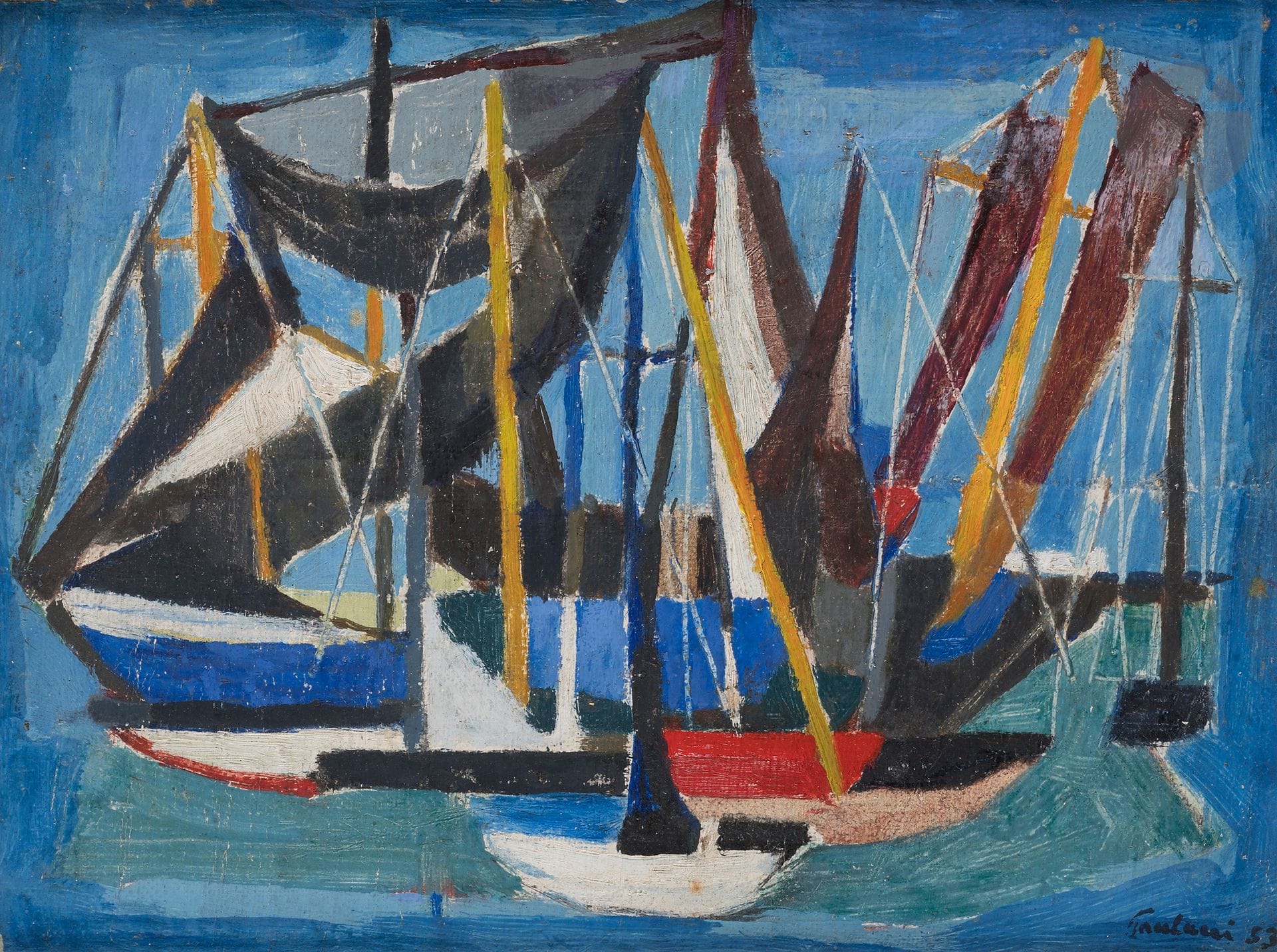 Enrico PAULUCCI (1901-1999)
Bateaux, 1953
Huile sur toile contrecollée sur panneau.
Signée et datée en bas à droite.
18 x 24 cm
